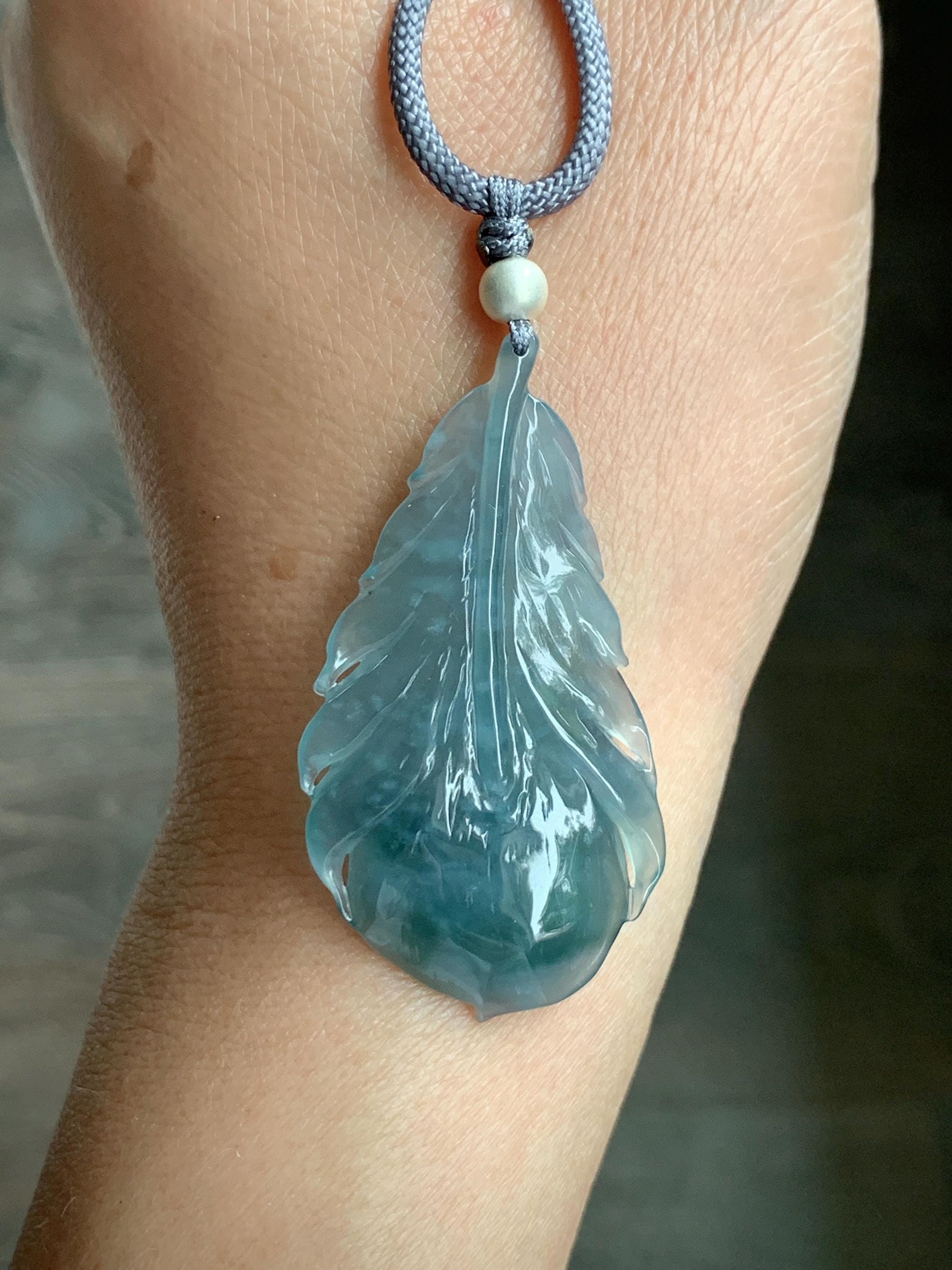 Natural Guatemalan Icy Highly Translucent Gelatinous Teal Blue Jadeite Carved Feather Pendant Rope Necklace 25" Sterling Silver 天然冰胶危蓝翡翠羽毛吊坠