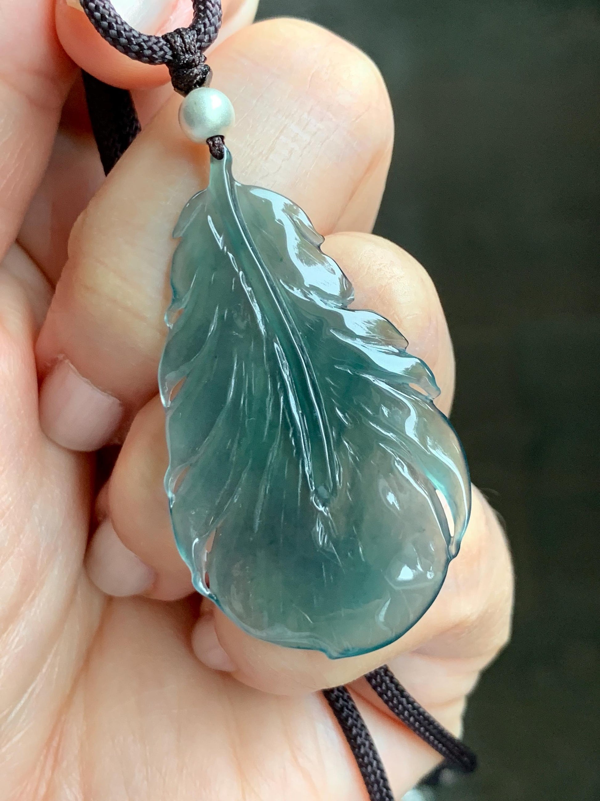 Natural Guatemalan Icy Highly Translucent Gelatinous Teal Green Jadeite Feather Pendant Rope Necklace 24" Sterling Silver 天然冰胶危湖水绿翡翠羽毛吊坠