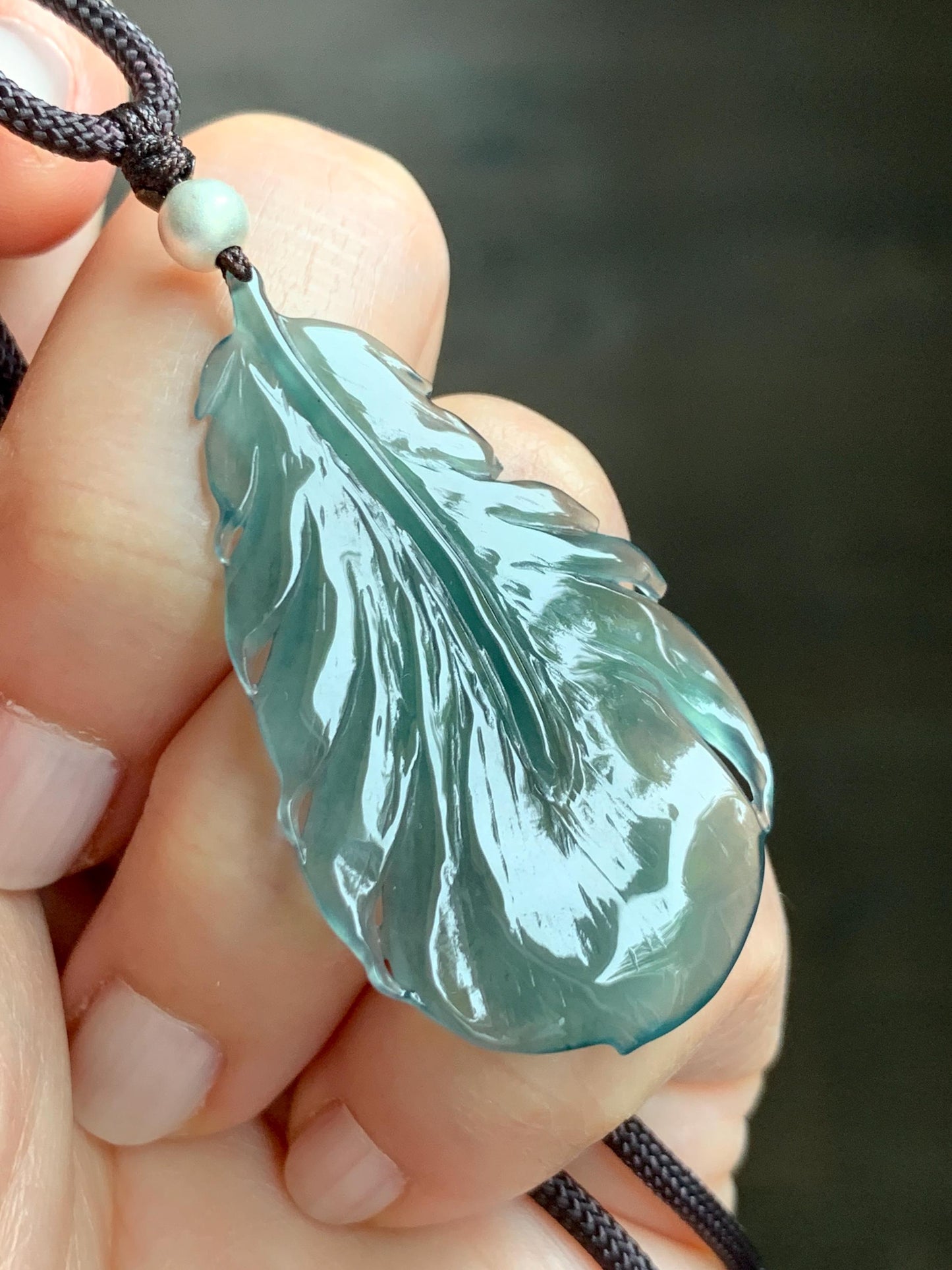 Natural Guatemalan Icy Highly Translucent Gelatinous Teal Green Jadeite Feather Pendant Rope Necklace 24" Sterling Silver 天然冰胶危湖水绿翡翠羽毛吊坠