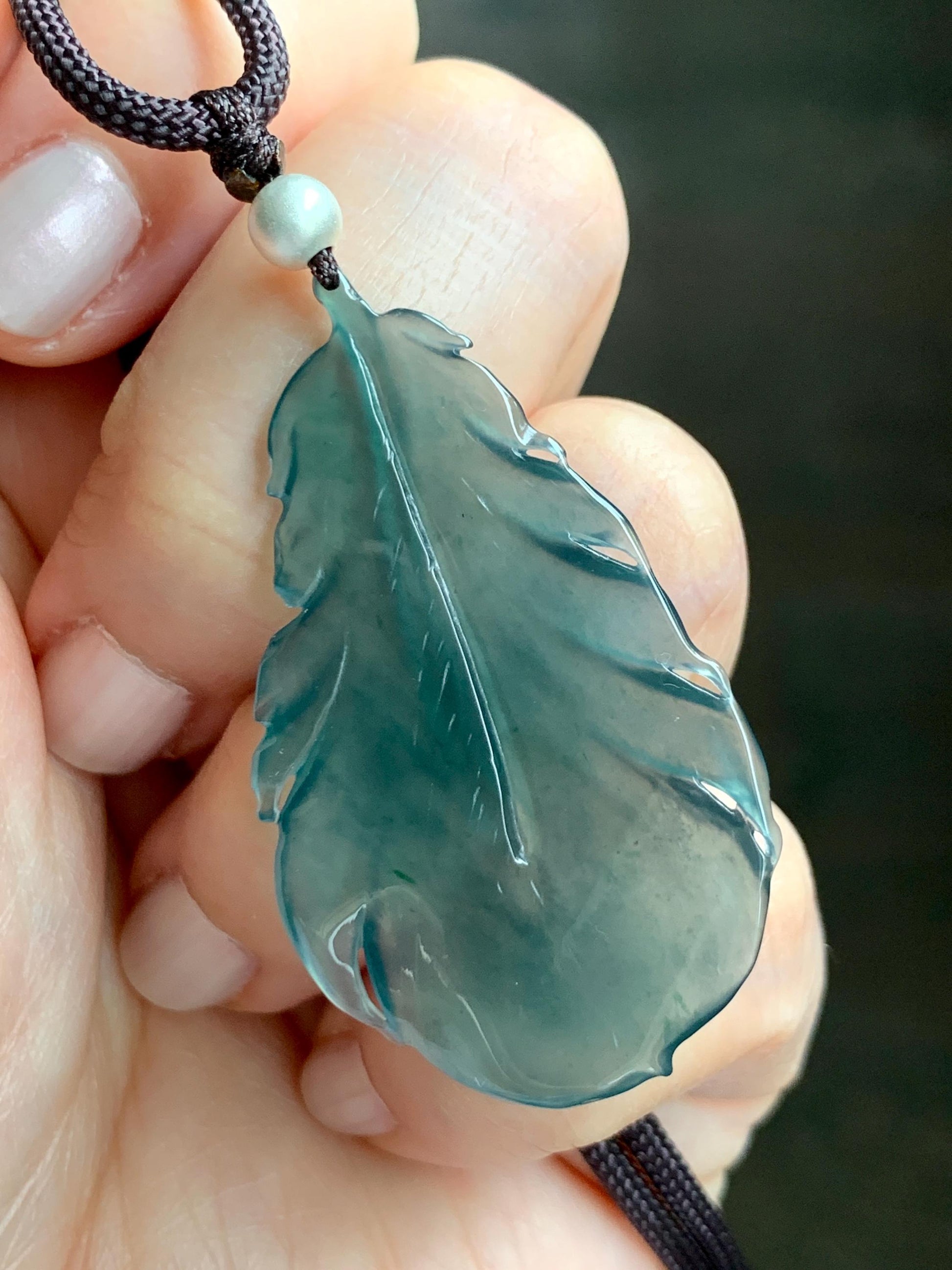 Natural Guatemalan Icy Highly Translucent Gelatinous Teal Green Jadeite Feather Pendant Rope Necklace 24" Sterling Silver 天然冰胶危湖水绿翡翠羽毛吊坠