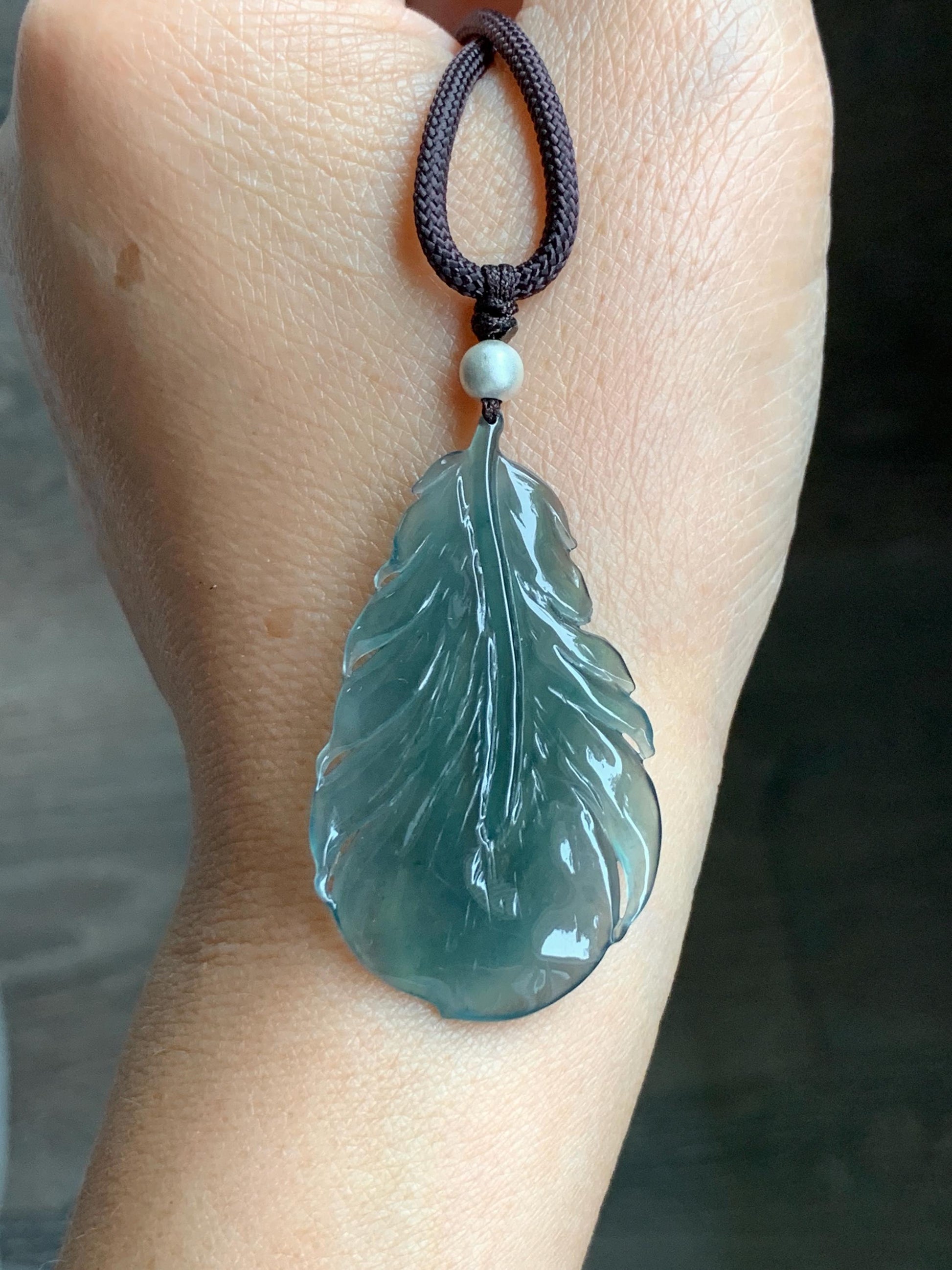 Natural Guatemalan Icy Highly Translucent Gelatinous Teal Green Jadeite Feather Pendant Rope Necklace 24" Sterling Silver 天然冰胶危湖水绿翡翠羽毛吊坠