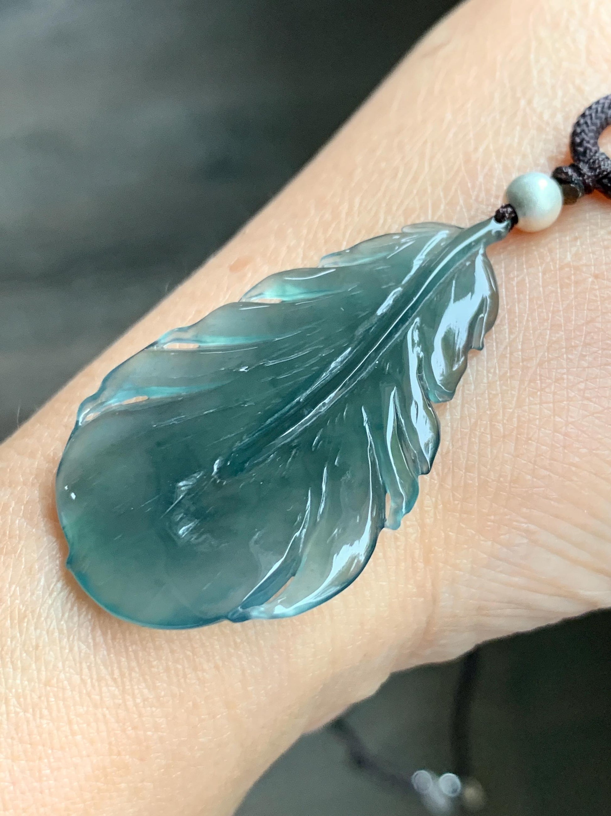 Natural Guatemalan Icy Highly Translucent Gelatinous Teal Green Jadeite Feather Pendant Rope Necklace 24" Sterling Silver 天然冰胶危湖水绿翡翠羽毛吊坠