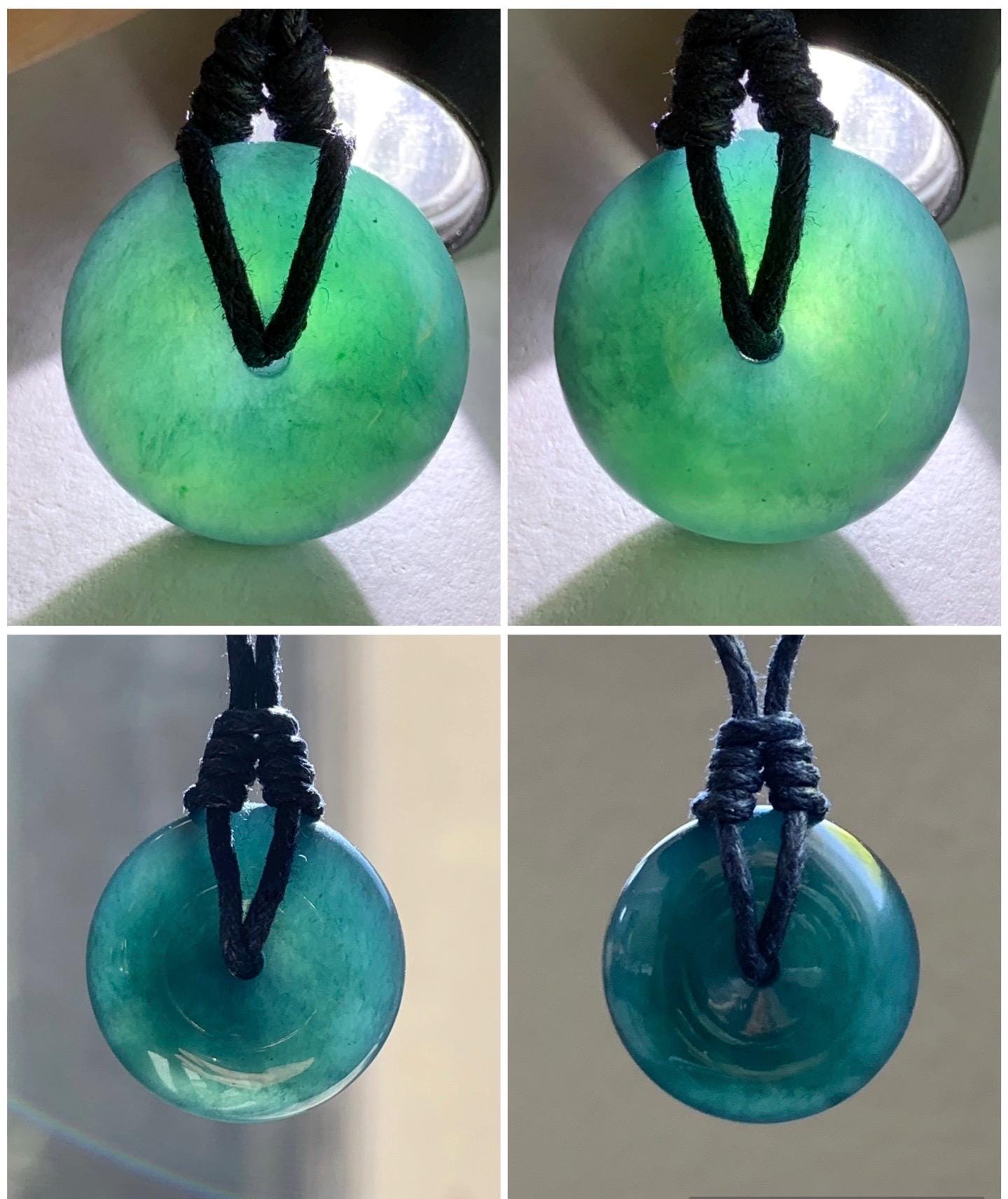 Natural Guatemalan Icy Translucent Gelatinous Deep Teal Blue Jadeite Thick Ping An Kou Donut Pendant Rope Necklace 24” 6g 天然老种冰胶危老蓝水翡翠平安扣吊坠