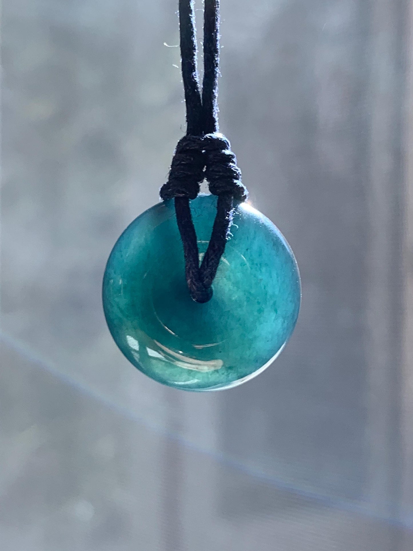 Natural Guatemalan Icy Translucent Gelatinous Deep Teal Blue Jadeite Thick Ping An Kou Donut Pendant Rope Necklace 24” 6g 天然老种冰胶危老蓝水翡翠平安扣吊坠