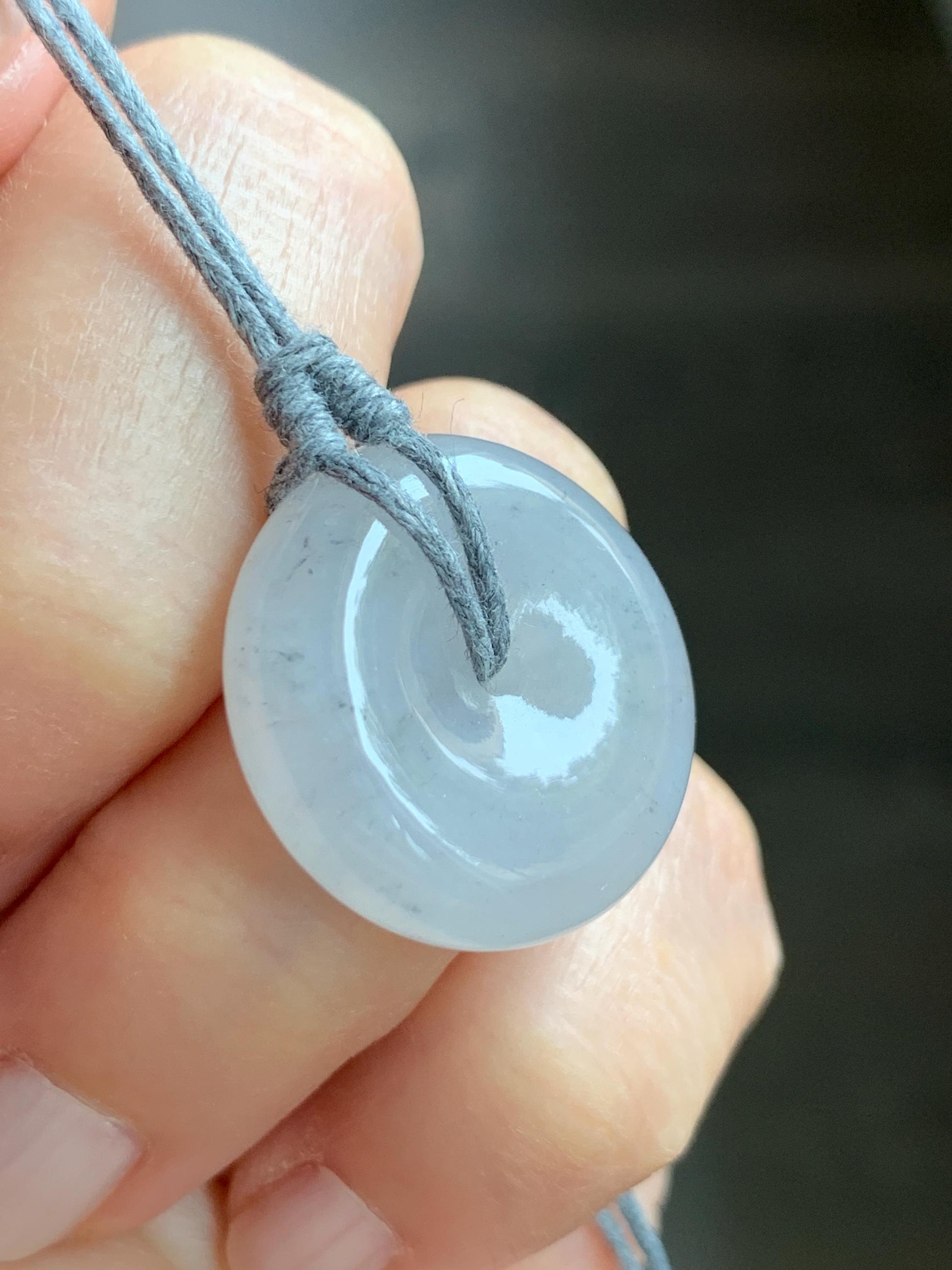 Natural Burmese Icy Translucent Gelatinous Light Wuji Marbled Jadeite Ping An Kou Donut Pendant Rope Necklace 25” 8g 天然缅甸老种冰胶乌鸡翡翠平安扣吊坠