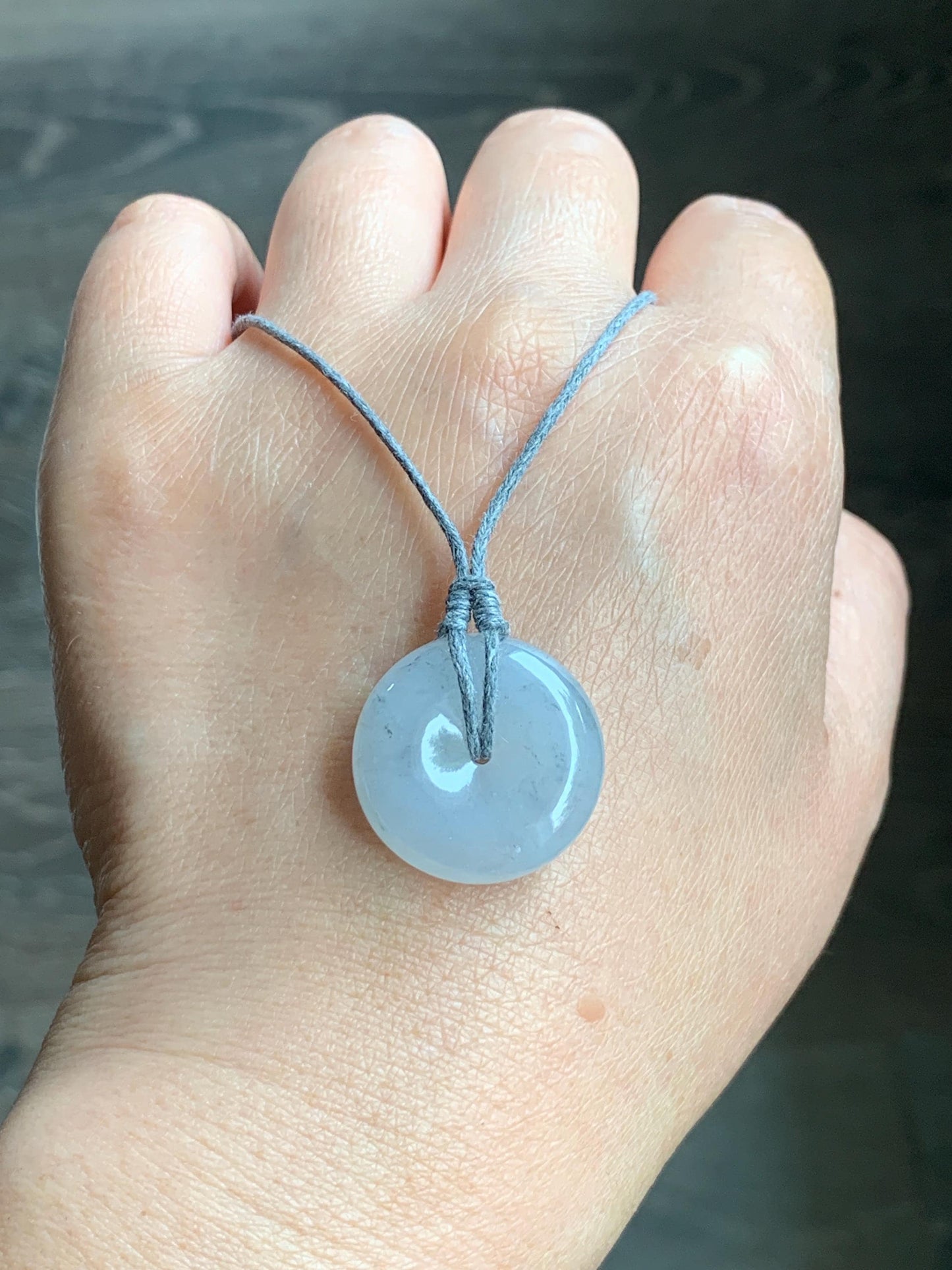 Natural Burmese Icy Translucent Gelatinous Light Wuji Marbled Jadeite Ping An Kou Donut Pendant Rope Necklace 25” 8g 天然缅甸老种冰胶乌鸡翡翠平安扣吊坠