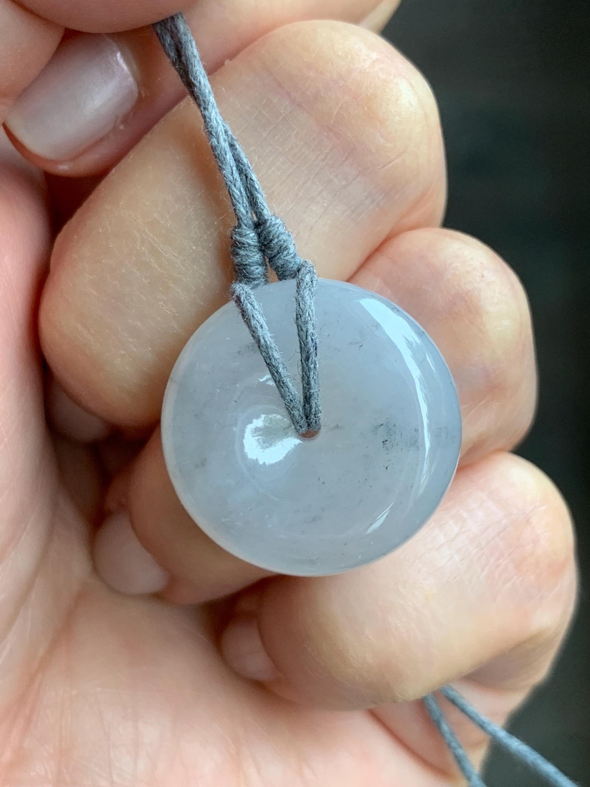 Natural Burmese Icy Translucent Gelatinous Light Wuji Marbled Jadeite Ping An Kou Donut Pendant Rope Necklace 25” 8g 天然缅甸老种冰胶乌鸡翡翠平安扣吊坠