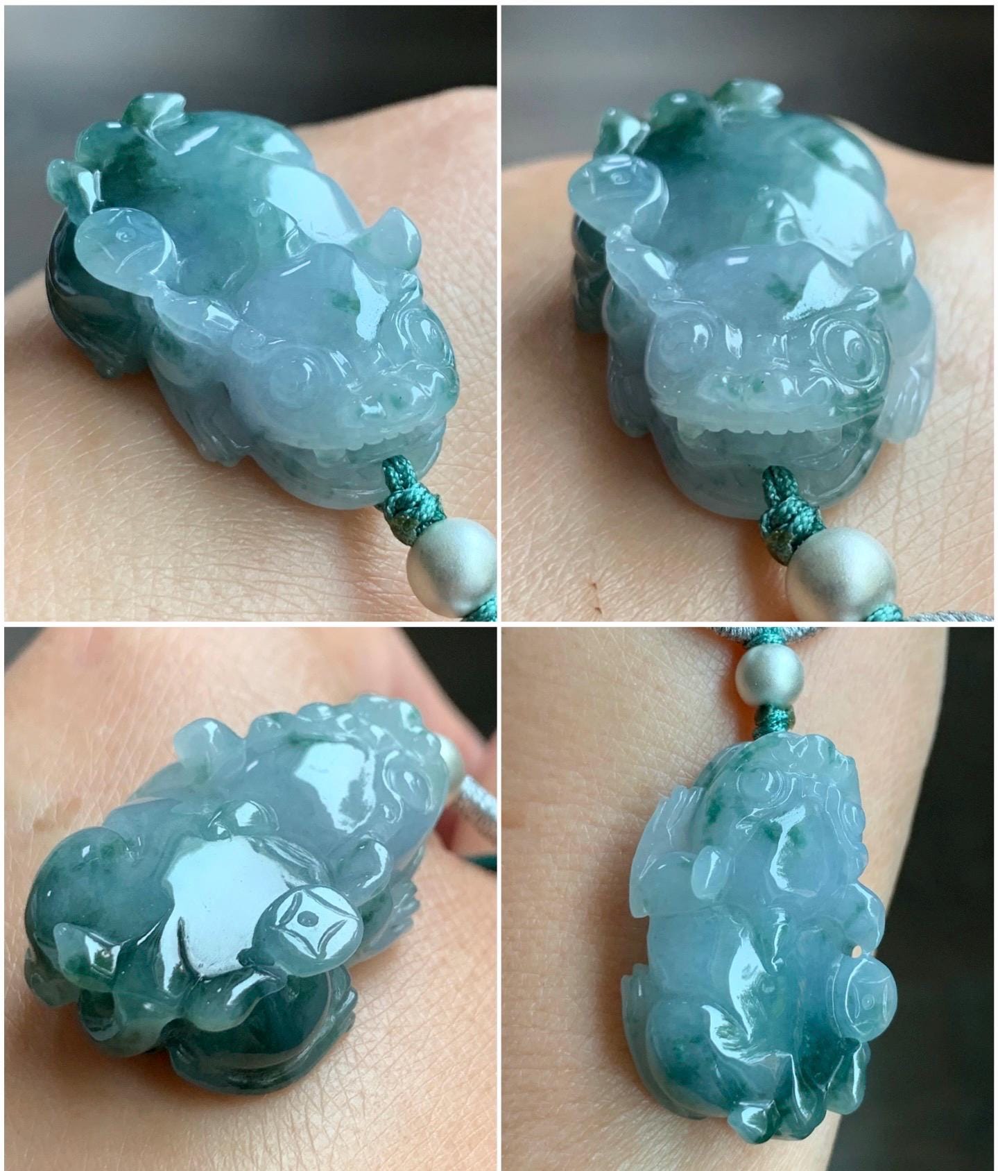 Natural Burmese Icy Translucent Gelatinous Teal Green Marbled Jadeite Pixiu Pendant Rope Necklace Sterling Silver 16g 天然缅甸冰胶飘花翡翠貔貅吊坠