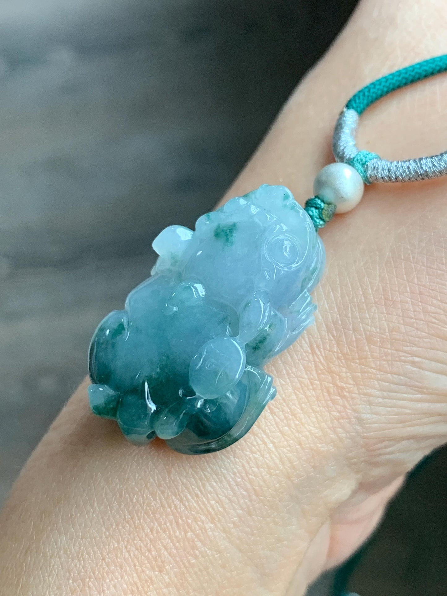 Natural Burmese Icy Translucent Gelatinous Teal Green Marbled Jadeite Pixiu Pendant Rope Necklace Sterling Silver 16g 天然缅甸冰胶飘花翡翠貔貅吊坠