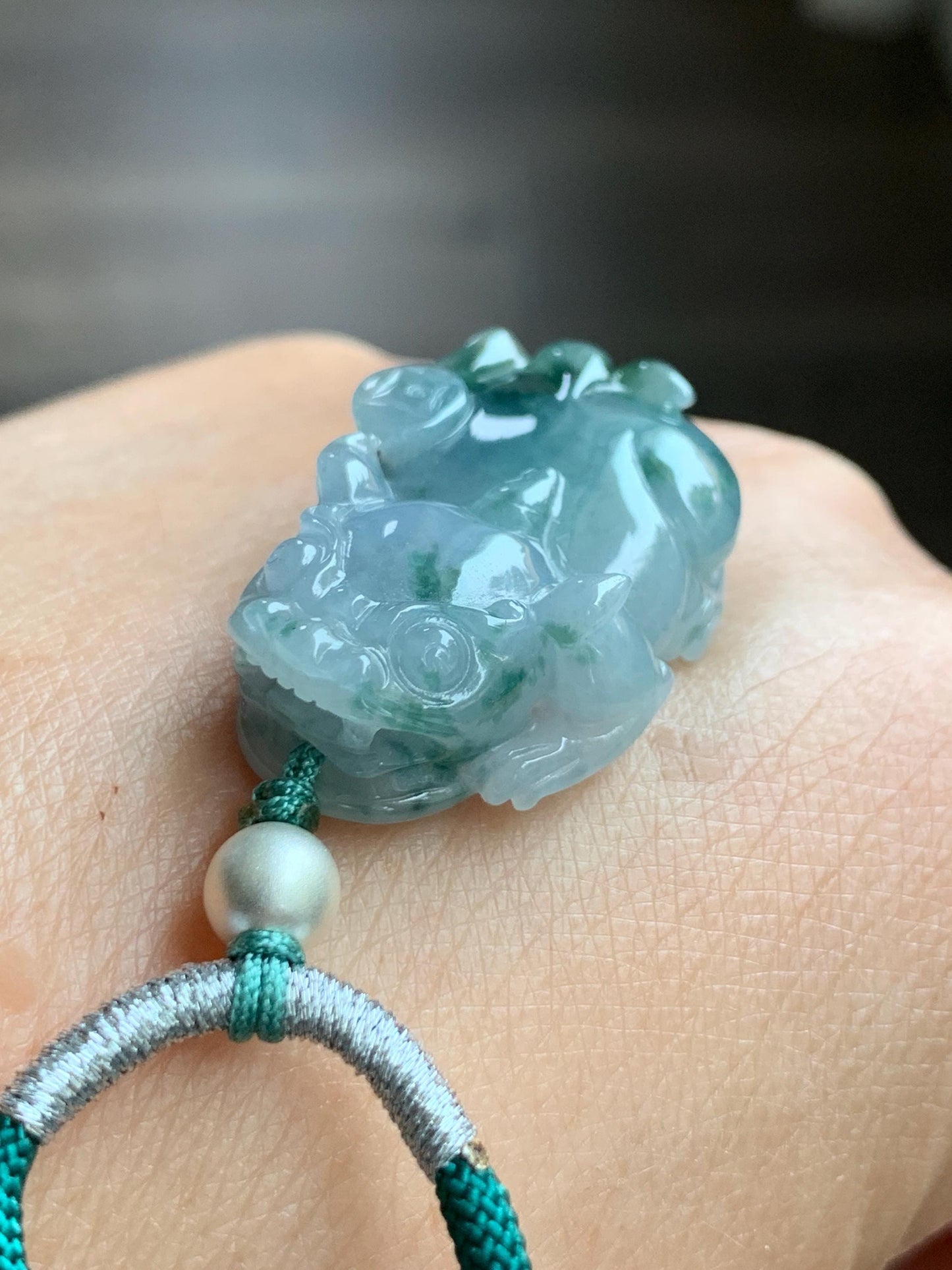 Natural Burmese Icy Translucent Gelatinous Teal Green Marbled Jadeite Pixiu Pendant Rope Necklace Sterling Silver 16g 天然缅甸冰胶飘花翡翠貔貅吊坠