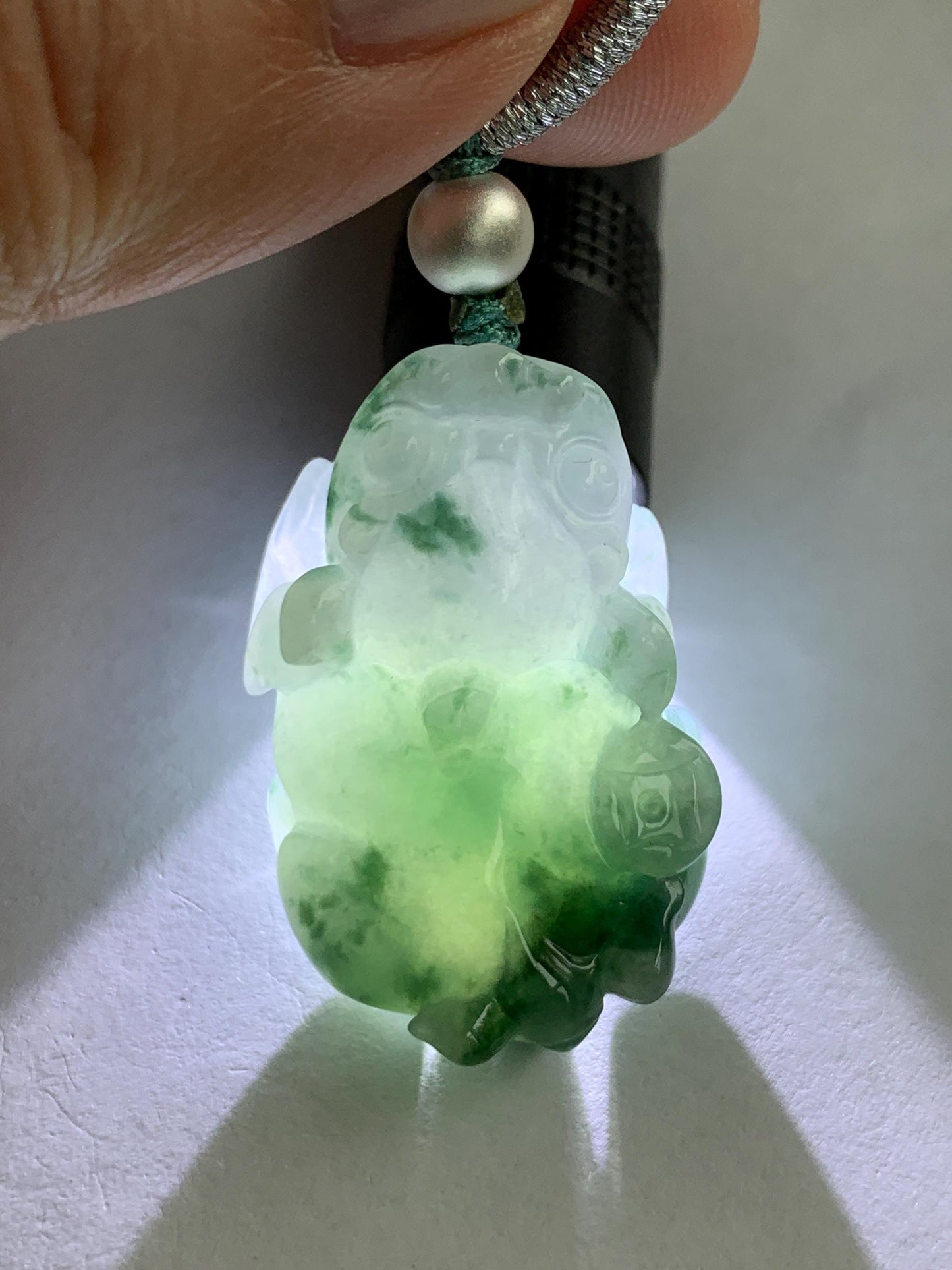 Natural Burmese Icy Translucent Gelatinous Teal Green Marbled Jadeite Pixiu Pendant Rope Necklace Sterling Silver 16g 天然缅甸冰胶飘花翡翠貔貅吊坠