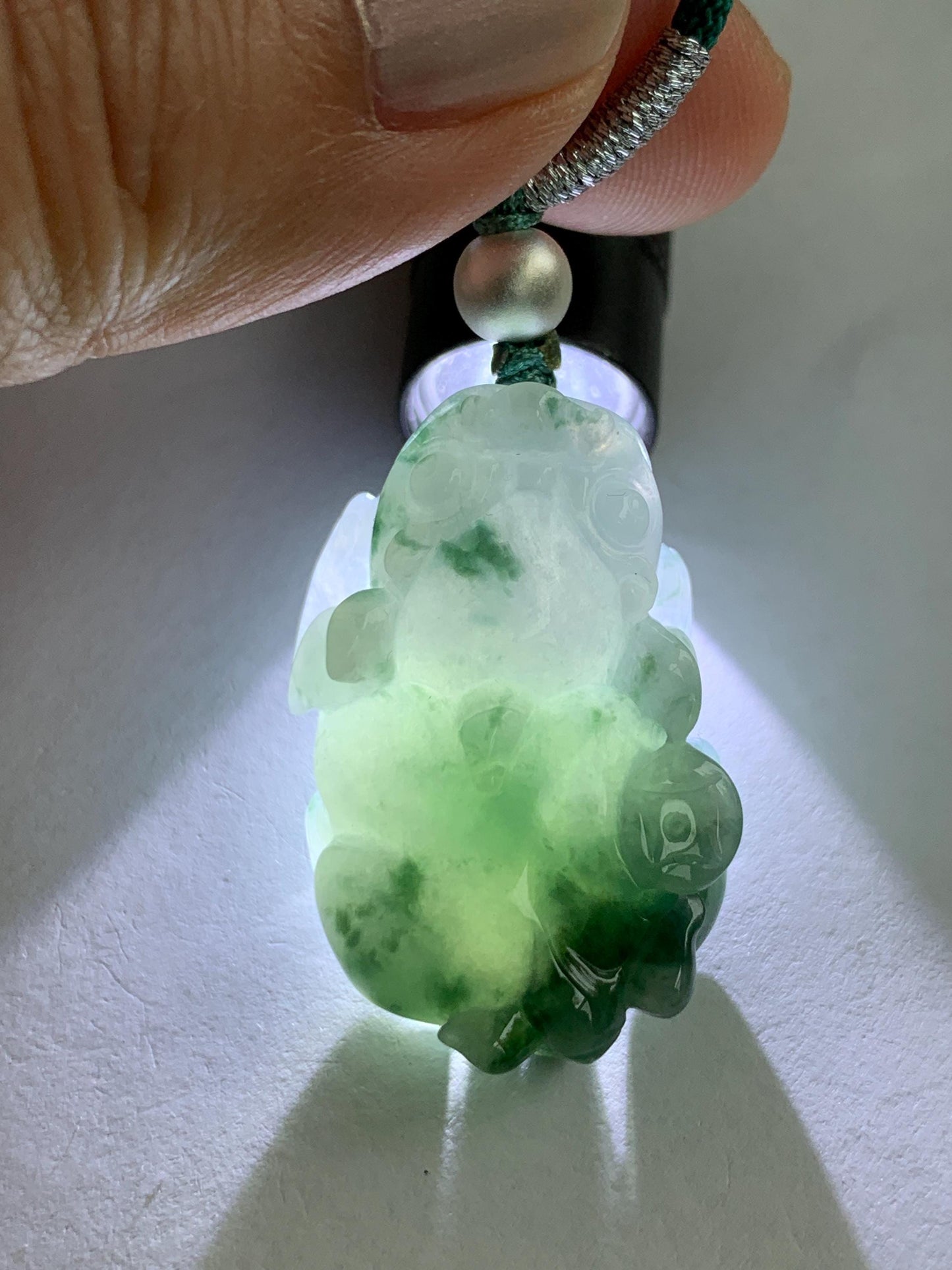 Natural Burmese Icy Translucent Gelatinous Teal Green Marbled Jadeite Pixiu Pendant Rope Necklace Sterling Silver 16g 天然缅甸冰胶飘花翡翠貔貅吊坠