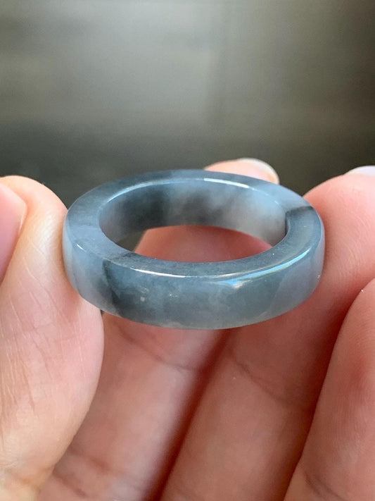 Natural Burmese Icy Translucent Gelatinous Light Gray Wuji Marbled Jadeite Square Edged Band Ring Size 9 5g 天然缅甸冰胶乌鸡翡翠角戒戒圈 MJW529