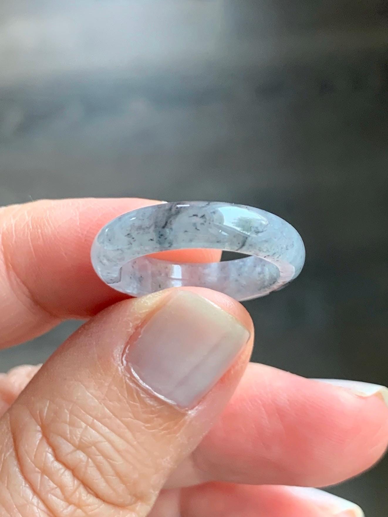 Natural Burmese Icy Highly Translucent Gelatinous Light Gray Wuji Marbled Jadeite Band Ring Size 6.75 天然缅甸冰胶淡乌鸡翡翠戒圈 XWJ60A