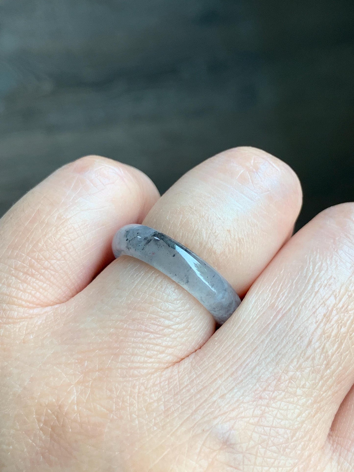 Natural Burmese Icy Highly Translucent Gelatinous Light Gray Wuji Marbled Jadeite Band Ring Size 6.75 天然缅甸冰胶淡乌鸡翡翠戒圈 XWJ60A