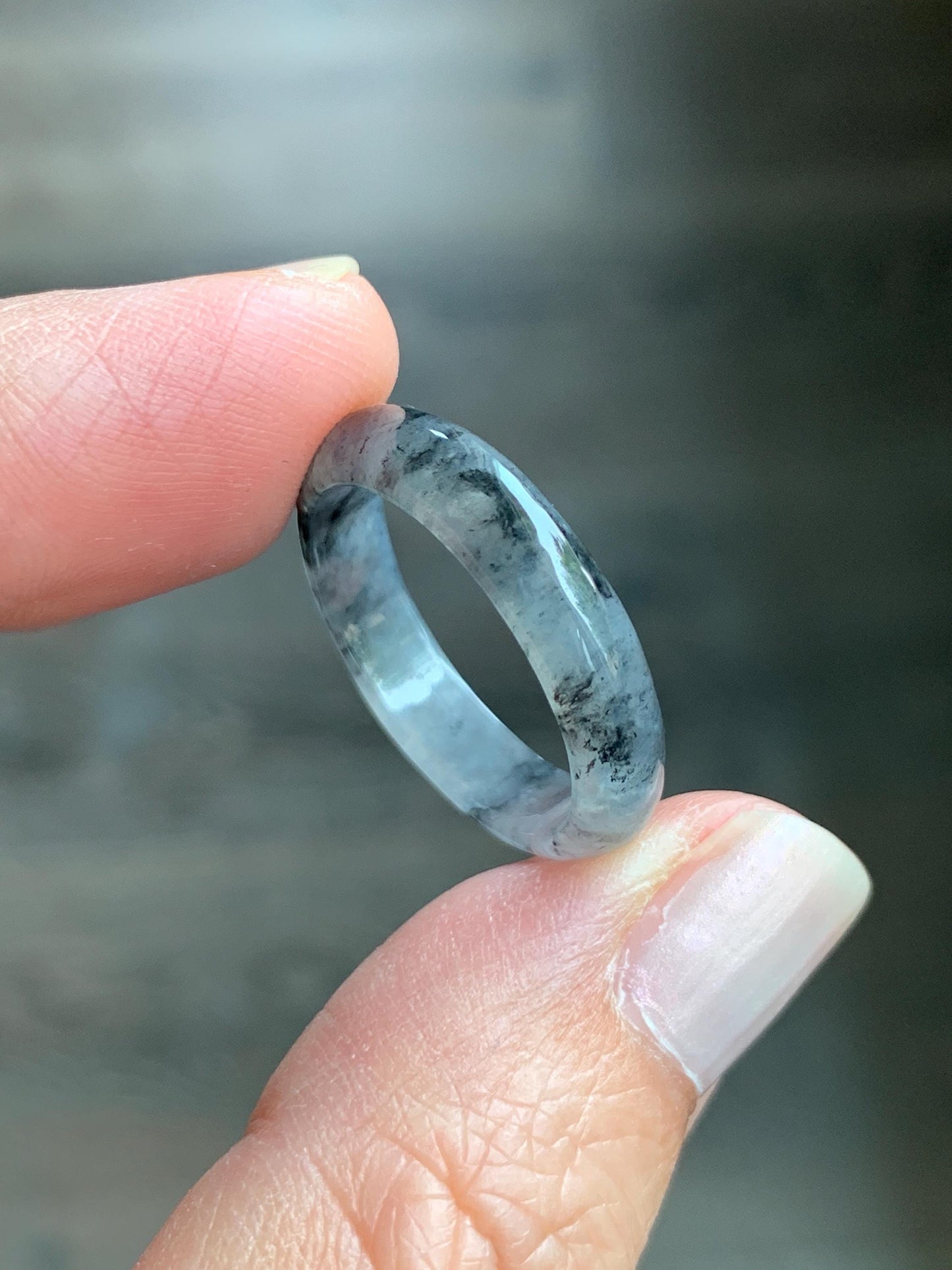 Natural Burmese Icy Highly Translucent Gelatinous Light Gray Wuji Marbled Jadeite Band Ring Size 8.25 天然缅甸冰胶淡乌鸡翡翠戒圈 XWJ60B