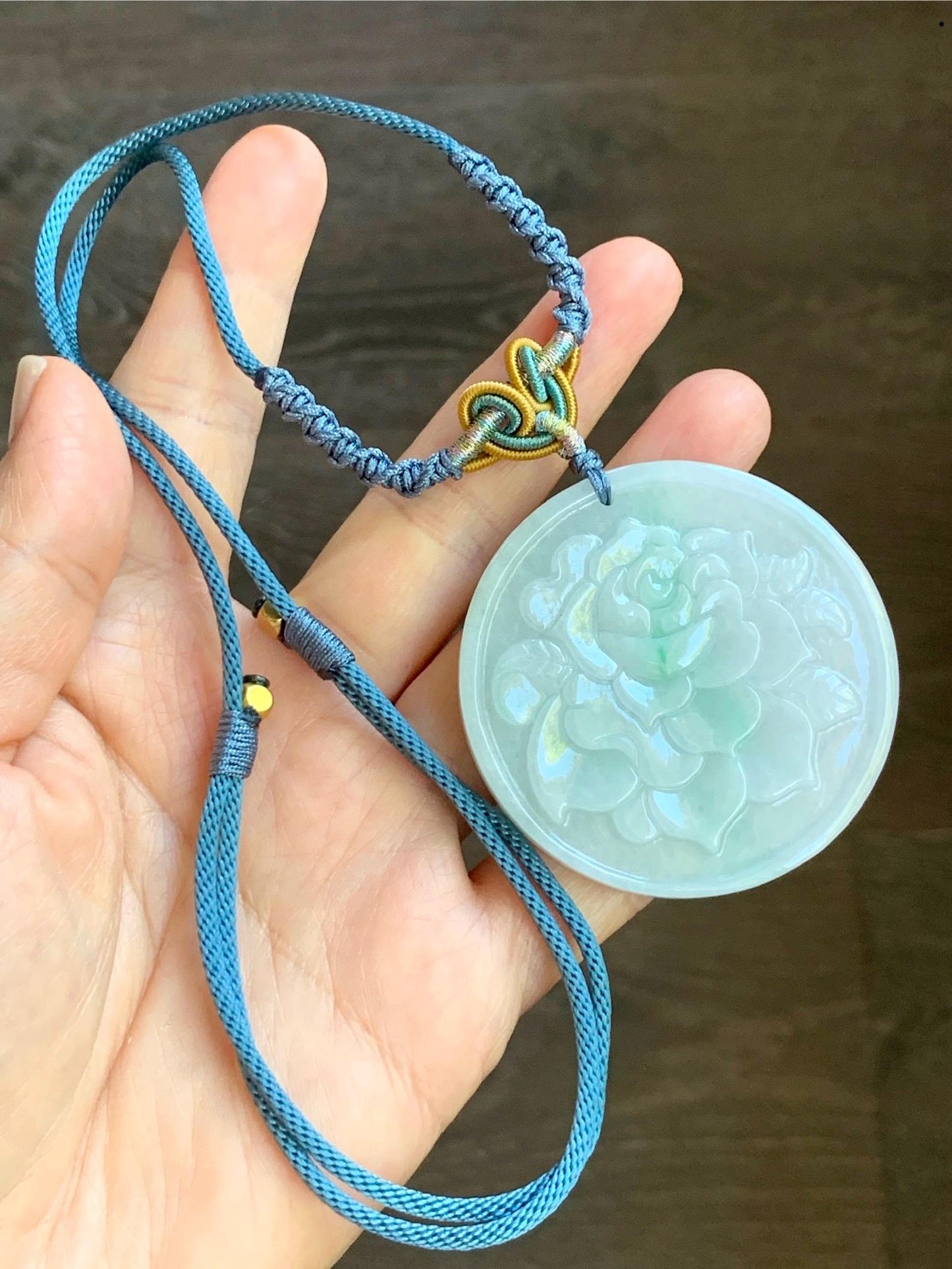 Natural Burmese Grade A Translucent Light Green & Green Marbled Jadeite Rose Flower Pendant Rope Necklace 26” 40g 天然缅甸糯冰晴飘花翡翠玫瑰花吊坠