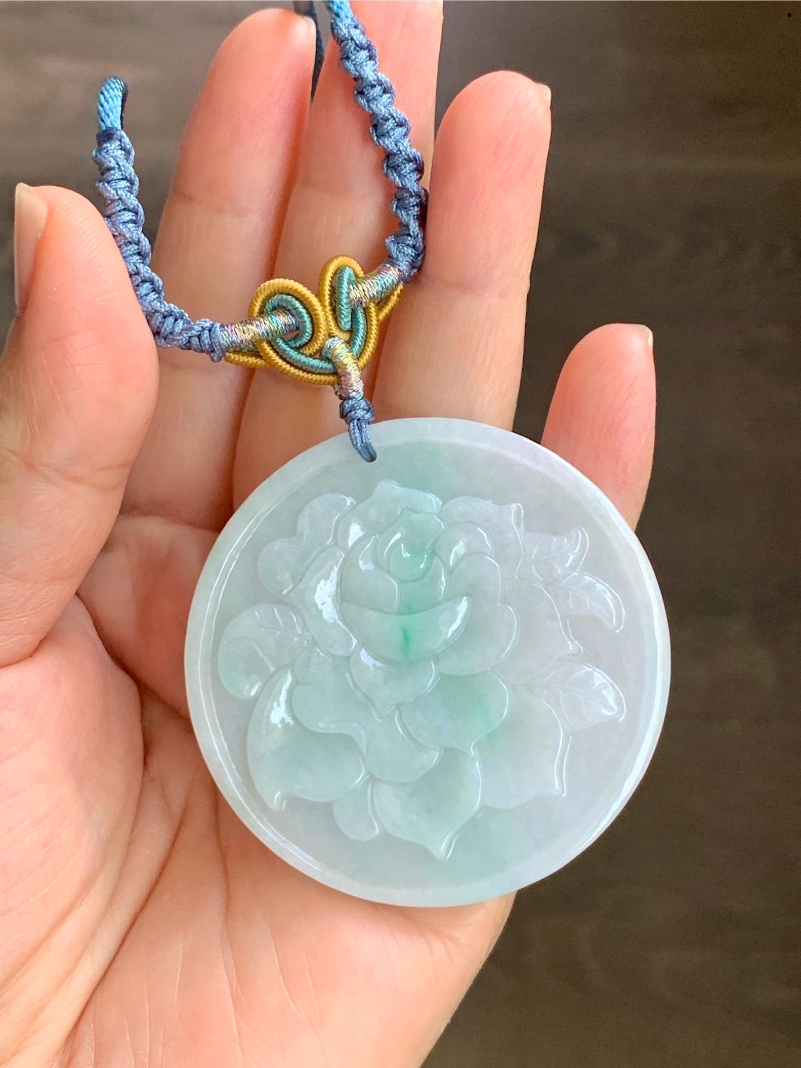 Natural Burmese Grade A Translucent Light Green & Green Marbled Jadeite Rose Flower Pendant Rope Necklace 26” 40g 天然缅甸糯冰晴飘花翡翠玫瑰花吊坠