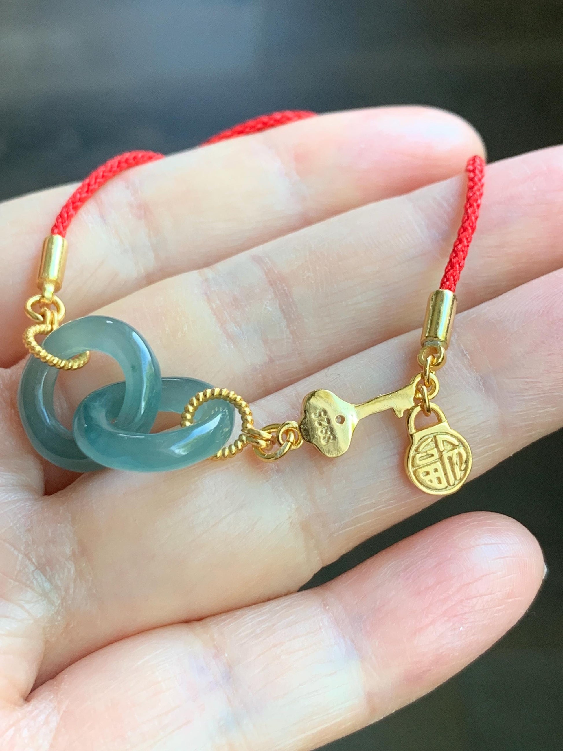 Natural Guatemalan Icy Translucent Teal Blue Carved Interlocking Links “Love” Rope Sterling Silver Key Bracelet Adjustable 4g 天然冰危蓝翡翠环环相扣手绳