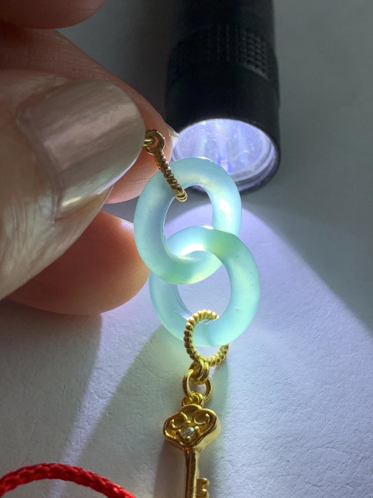 Natural Guatemalan Icy Translucent Teal Blue Carved Interlocking Links “Love” Rope Sterling Silver Key Bracelet Adjustable 4g 天然冰危蓝翡翠环环相扣手绳