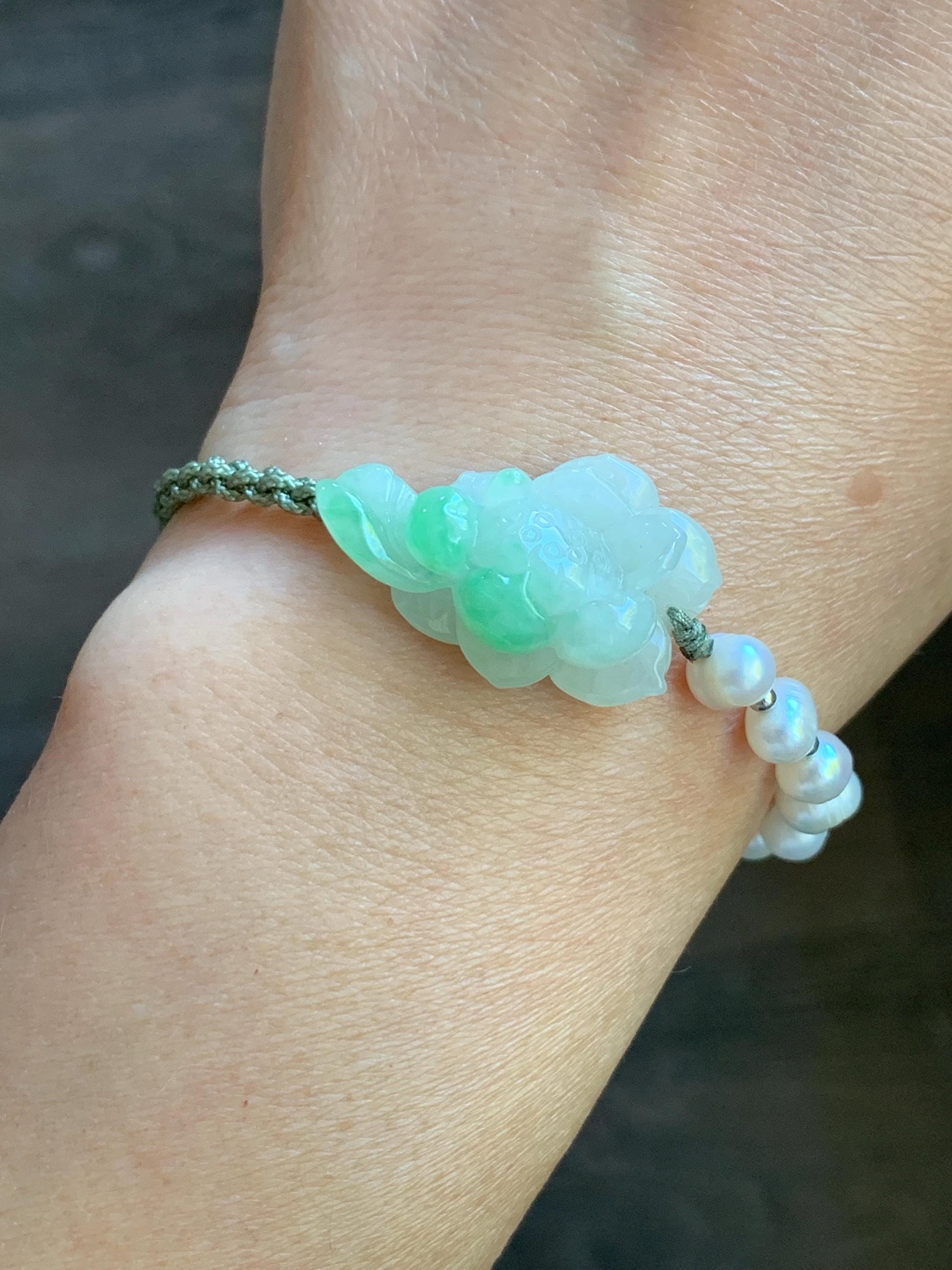 Certified Natural Burmese Icy Translucent White & Green Marbled Jadeite Lotus Flower Freshwater Pearls Rope Bracelet 6.5" 天然缅甸白冰飘绿花翡翠莲花珍珠手绳