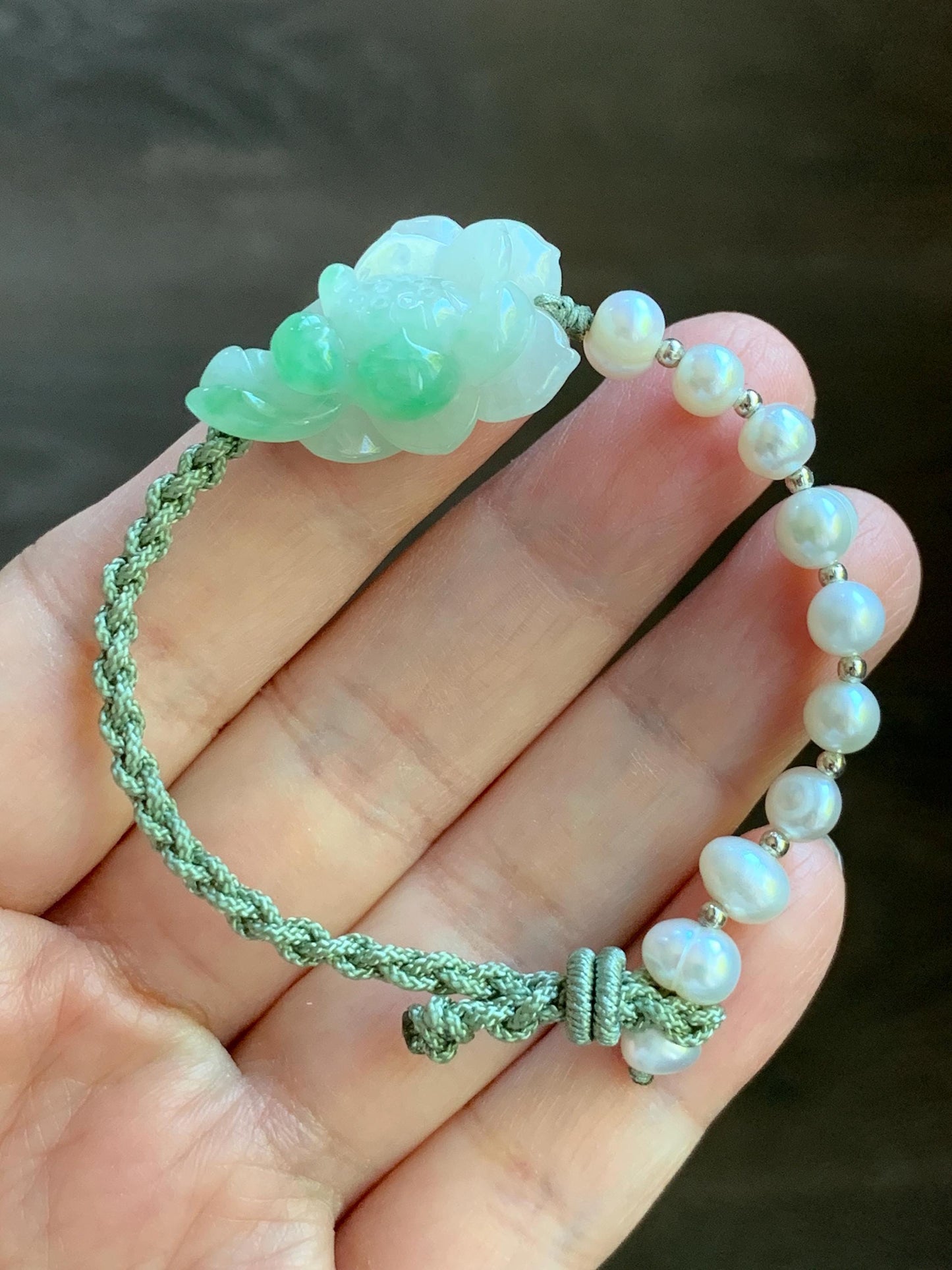 Certified Natural Burmese Icy Translucent White & Green Marbled Jadeite Lotus Flower Freshwater Pearls Rope Bracelet 6.5" 天然缅甸白冰飘绿花翡翠莲花珍珠手绳