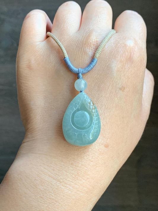 Natural Burmese Grade A Icy Translucent Light Sky Blue Jadeite Teardrop Abalone Pendant Rope Necklace Adjustable 25" 15g 天然缅甸冰胶淡天空蓝翡翠鲍鱼吊坠