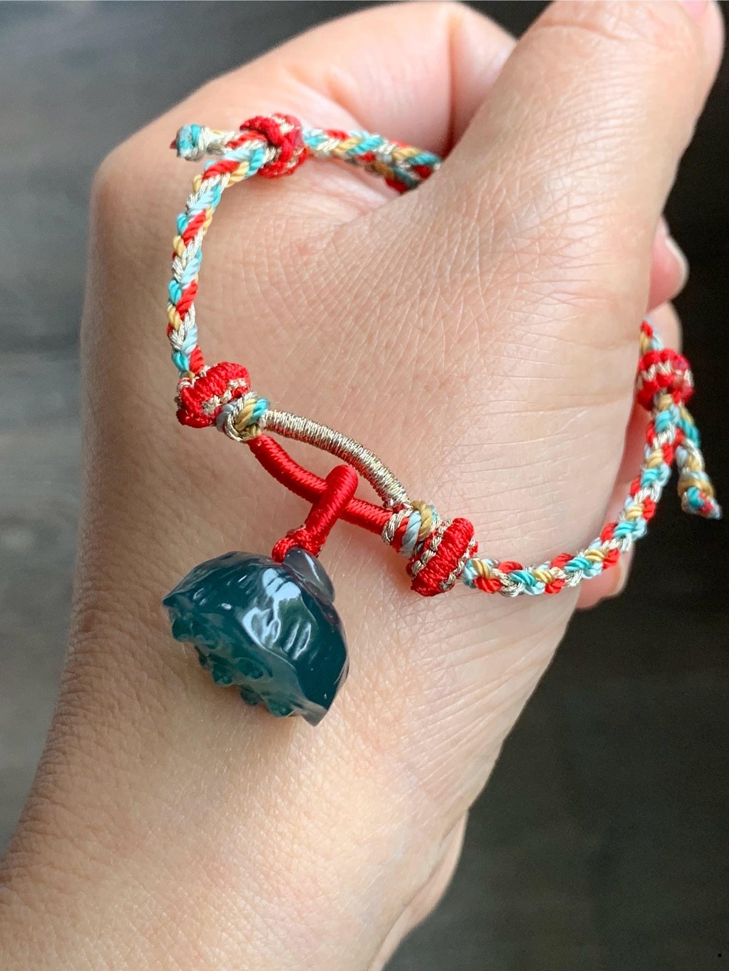 Natural Guatemalan Icy Translucent Gelatinous Intense Teal Blue Jadeite Pudgy Lotus Pod Charm Rope Bracelet Adjustable 6"-9" 天然冰危深蓝绿翡翠莲蓬手绳