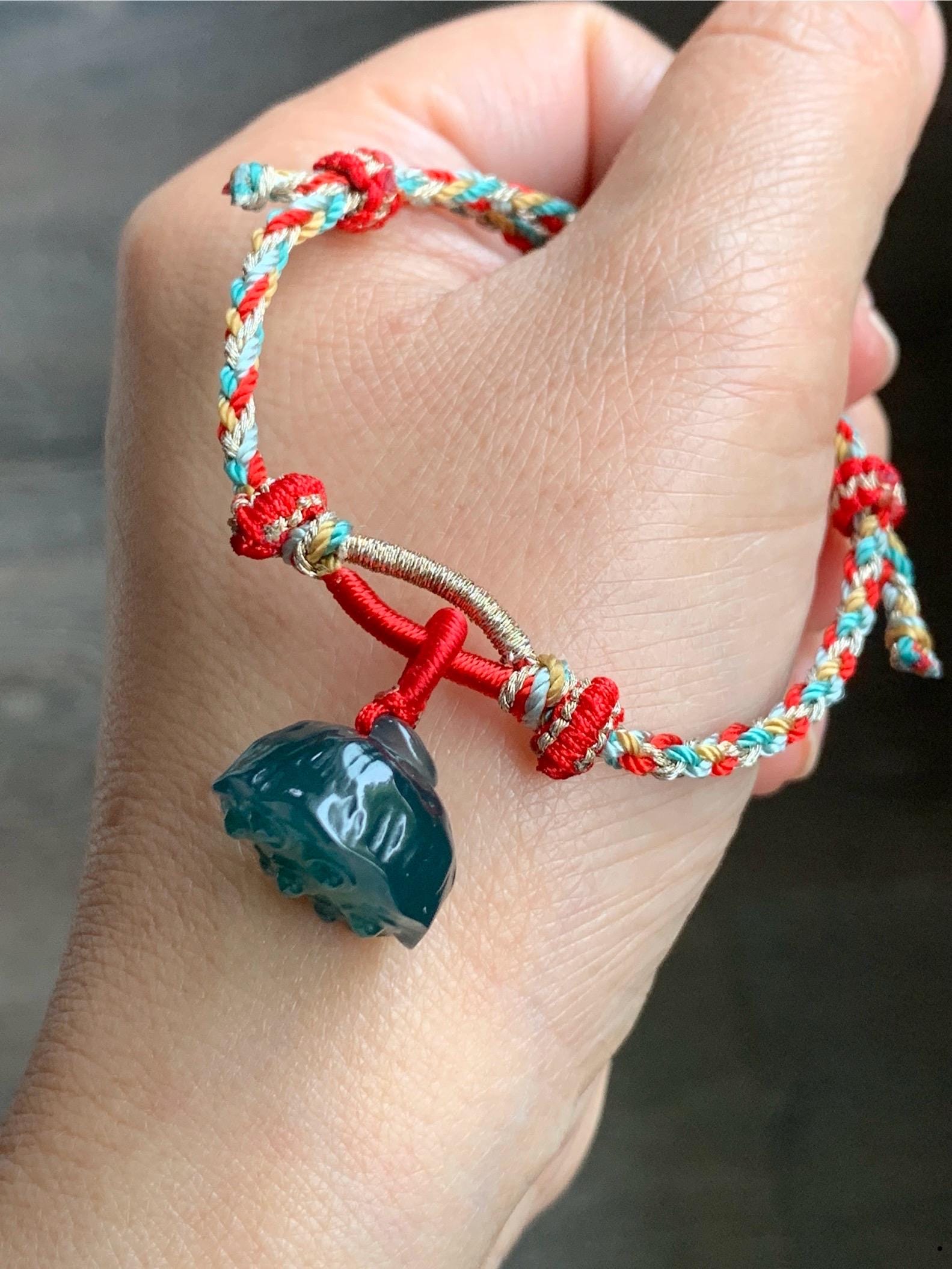 Natural Guatemalan Icy Translucent Gelatinous Intense Teal Blue Jadeite Pudgy Lotus Pod Charm Rope Bracelet Adjustable 6"-9" 天然冰危深蓝绿翡翠莲蓬手绳