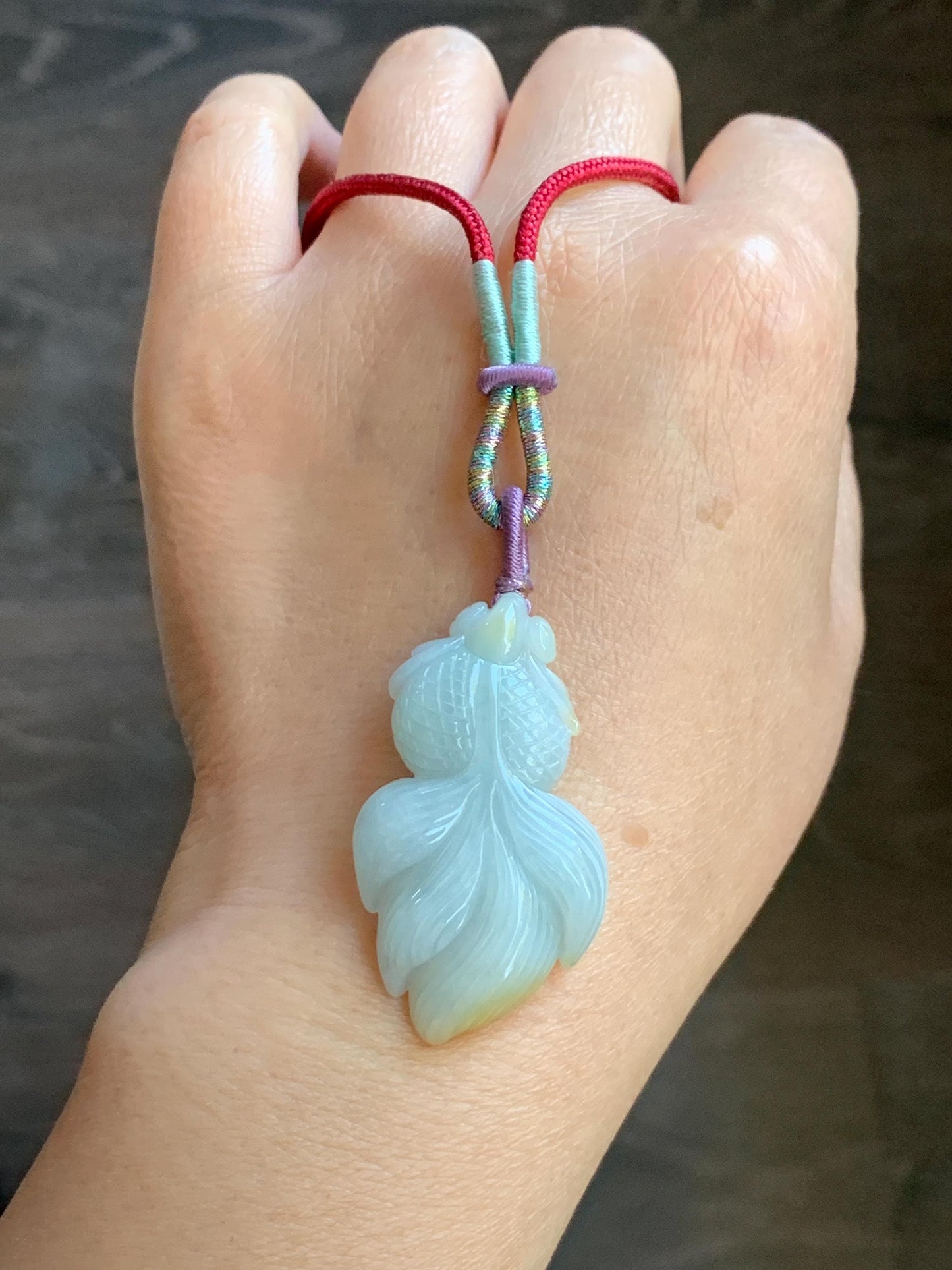 Natural Burmese Icy Translucent Light Green Jadeite w/ Yellow Marbling Carved Goldfish Pendant Rope Necklace 天然缅甸淡晴翡翠飘黄翡金鱼吊坠