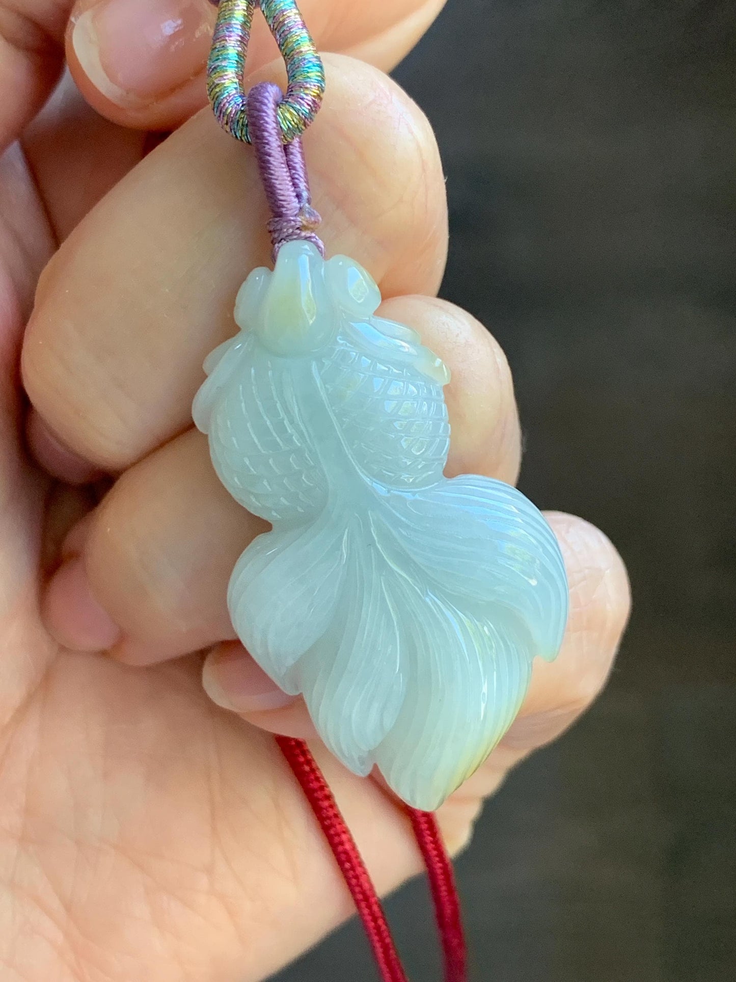 Natural Burmese Icy Translucent Light Green Jadeite w/ Yellow Marbling Carved Goldfish Pendant Rope Necklace 天然缅甸淡晴翡翠飘黄翡金鱼吊坠