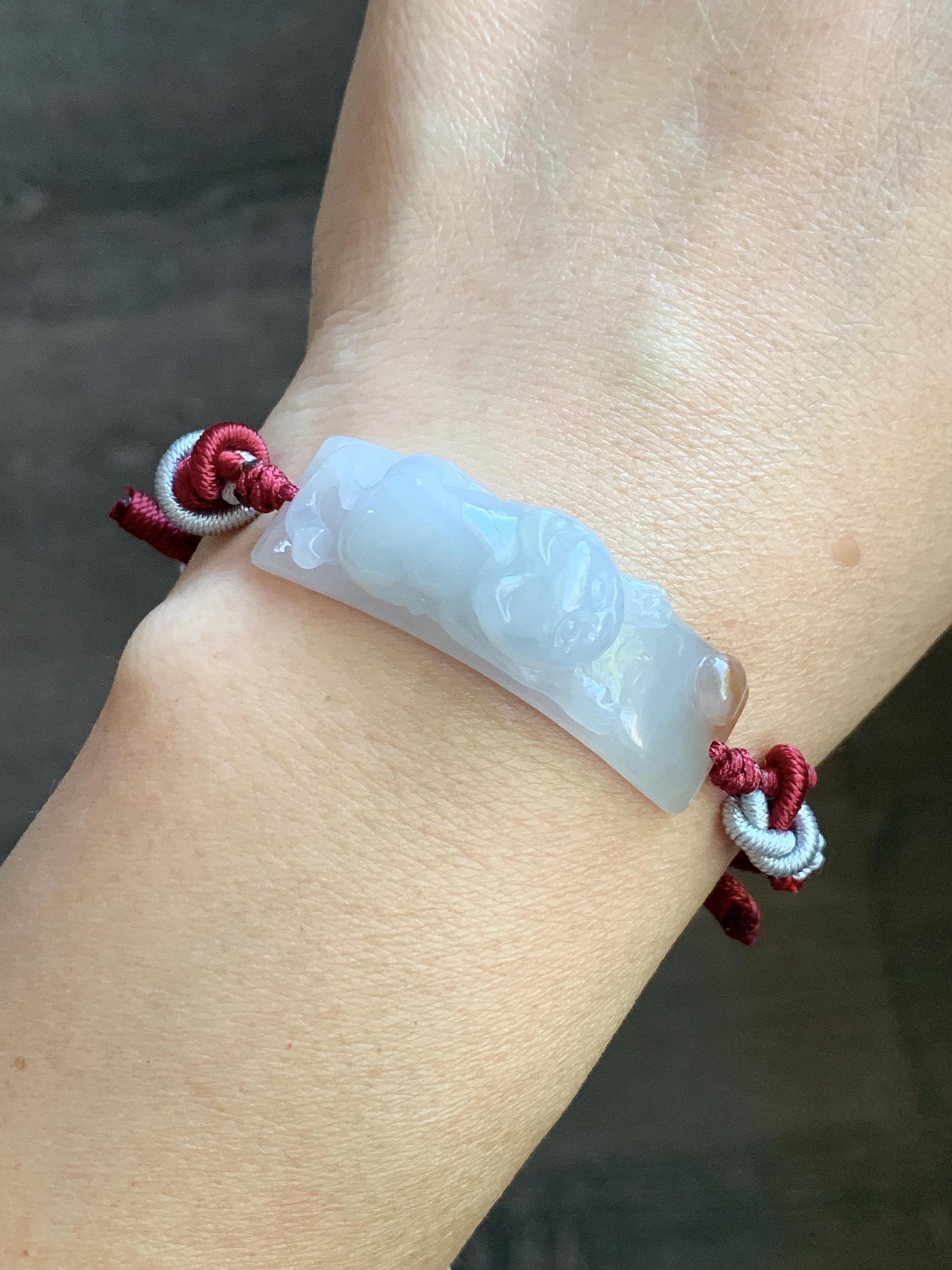 Natural Burmese Icy Translucent Gelatinous White Jadeite w/ Golden Yellow Marbling Kitty Cat Cuff Rope Bracelet adjustable 12g 天然缅甸冰撒金翡翠猫咪手绳