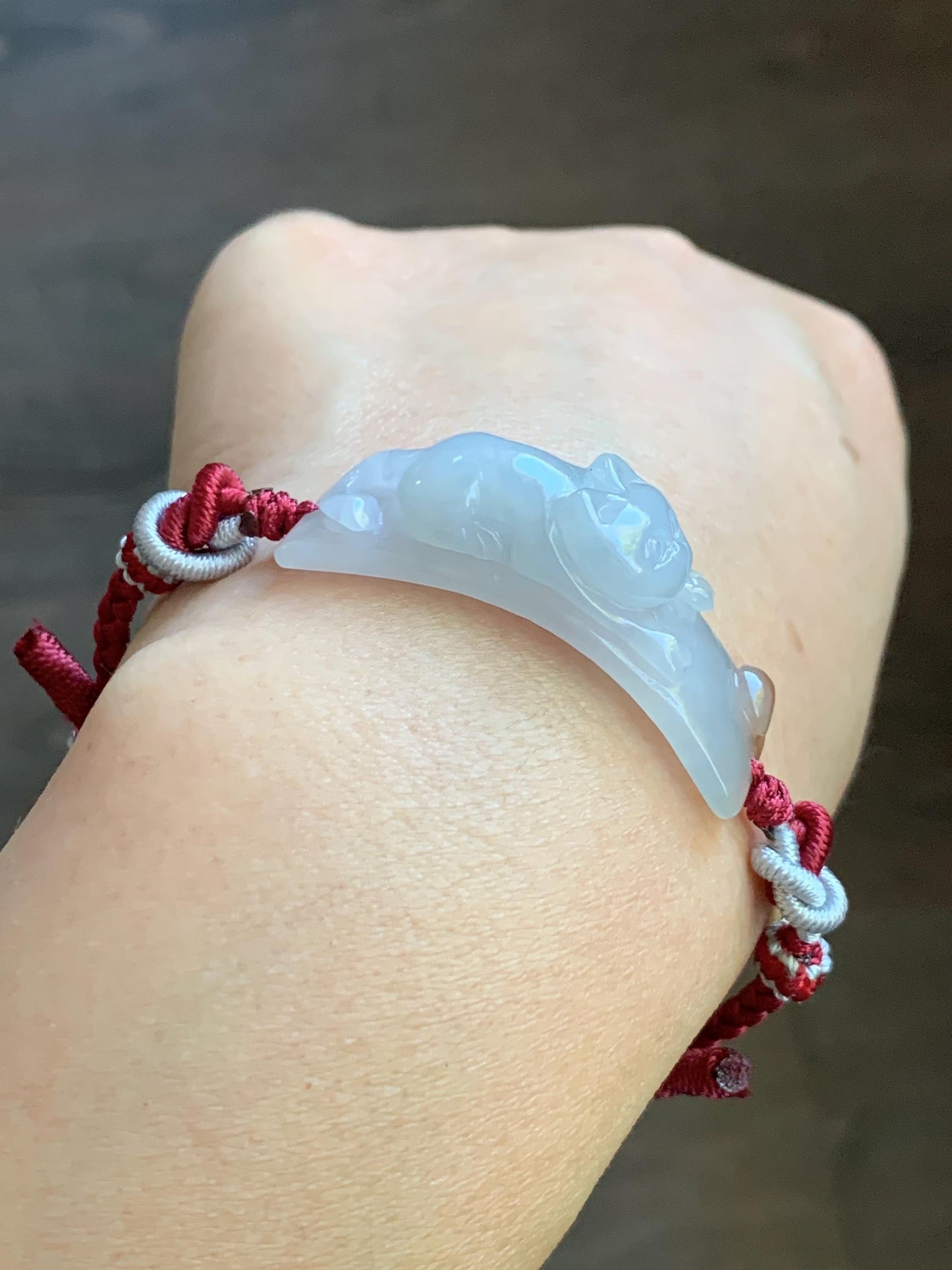 Natural Burmese Icy Translucent Gelatinous White Jadeite w/ Golden Yellow Marbling Kitty Cat Cuff Rope Bracelet adjustable 12g 天然缅甸冰撒金翡翠猫咪手绳