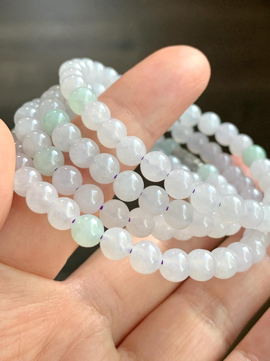 Natural Burmese Icy Translucent Gelatinous Icy White & Light Green Jadeite Beaded Necklace with Clasp 5.8m 26" 40g 天然缅甸白冰翡翠圆珠项链 BJL1021