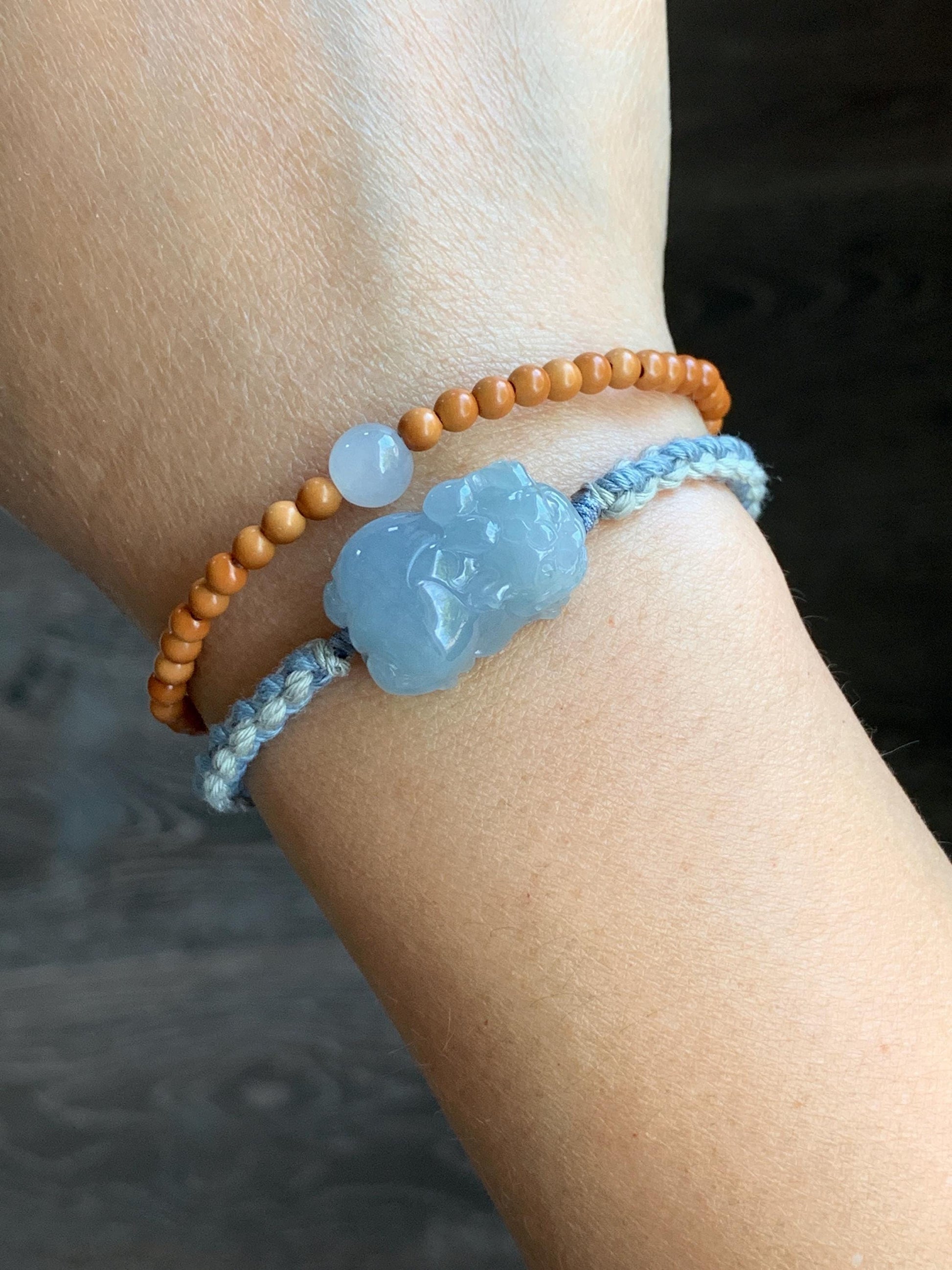 Certified Natural Guatemalan Icy Translucent Gelatinous Light Blue Jadeite Pixiu Rope Bracelet & Olive Pit Beads Bracelet 天然冰胶危淡蓝紫翡翠貔貅手绳橄榄核珠