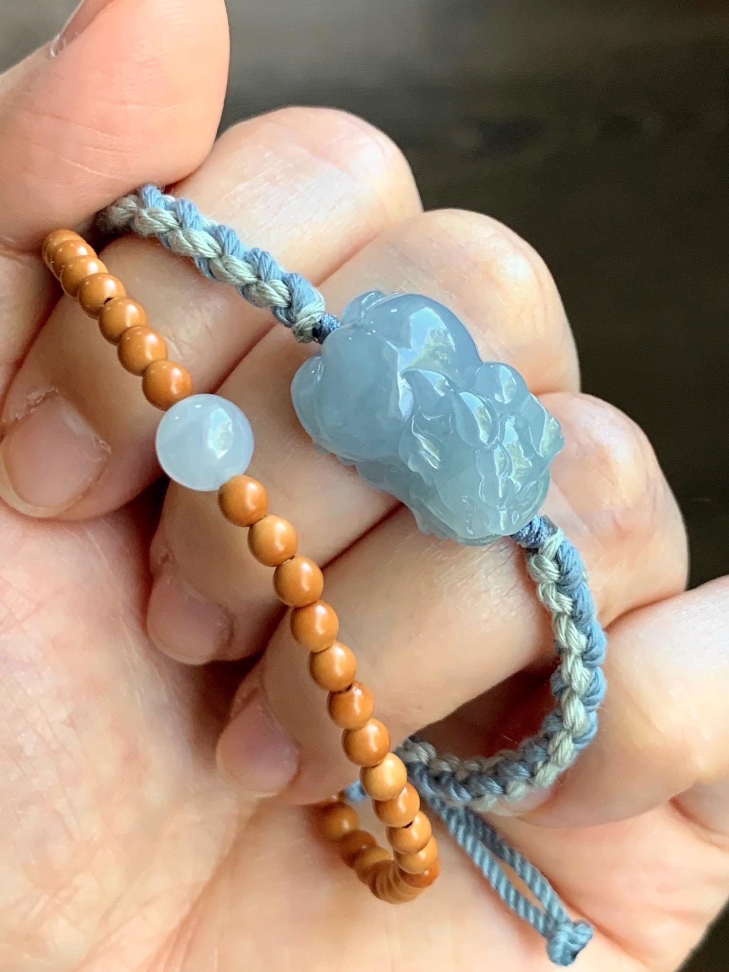 Certified Natural Guatemalan Icy Translucent Gelatinous Light Blue Jadeite Pixiu Rope Bracelet & Olive Pit Beads Bracelet 天然冰胶危淡蓝紫翡翠貔貅手绳橄榄核珠