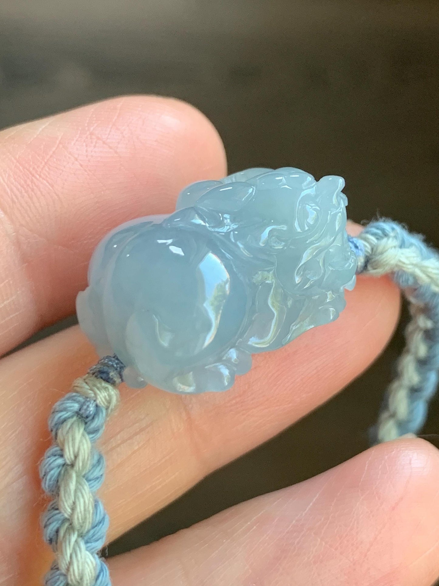 Certified Natural Guatemalan Icy Translucent Gelatinous Light Blue Jadeite Pixiu Rope Bracelet & Olive Pit Beads Bracelet 天然冰胶危淡蓝紫翡翠貔貅手绳橄榄核珠