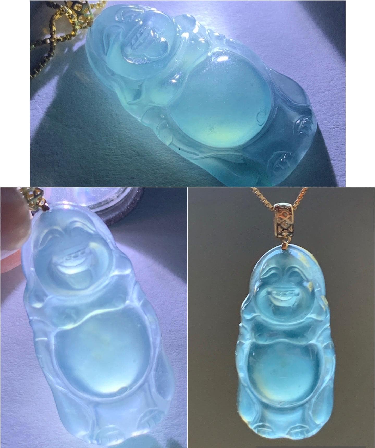 Petite Natural Guatemalan Premium Icy Highly Translucent Indigo Blue Jadeite Standing Buddha Pendant 18K Yellow Gold 天然冰危蓝起光翡翠站佛公镶嵌吊坠 A