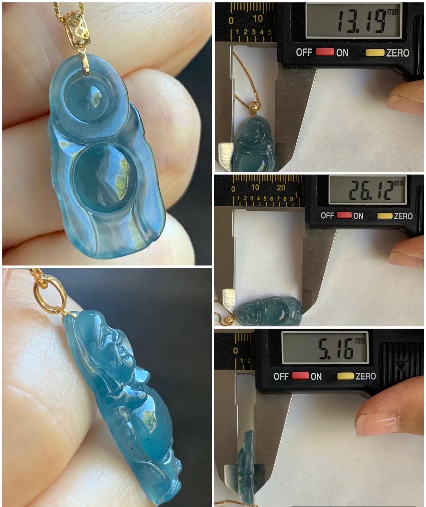 Petite Natural Guatemalan Premium Icy Highly Translucent Indigo Blue Jadeite Standing Buddha Pendant 18K Yellow Gold 天然冰危蓝起光翡翠站佛公镶嵌吊坠 A