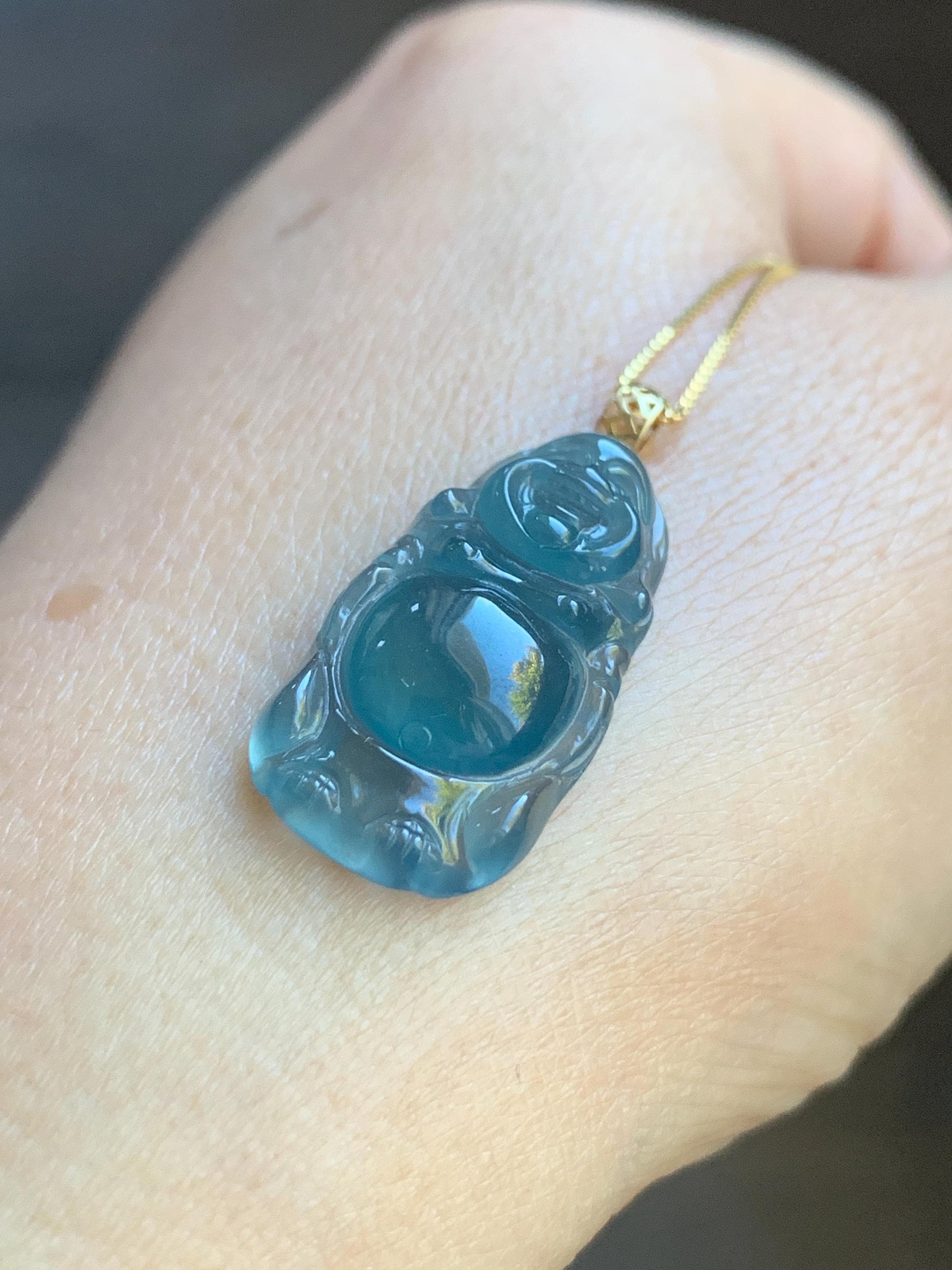 Petite Natural Guatemalan Premium Icy Highly Translucent Indigo Blue Jadeite Standing Buddha Pendant 18K Yellow Gold 天然冰危蓝起光翡翠站佛公镶嵌吊坠 A