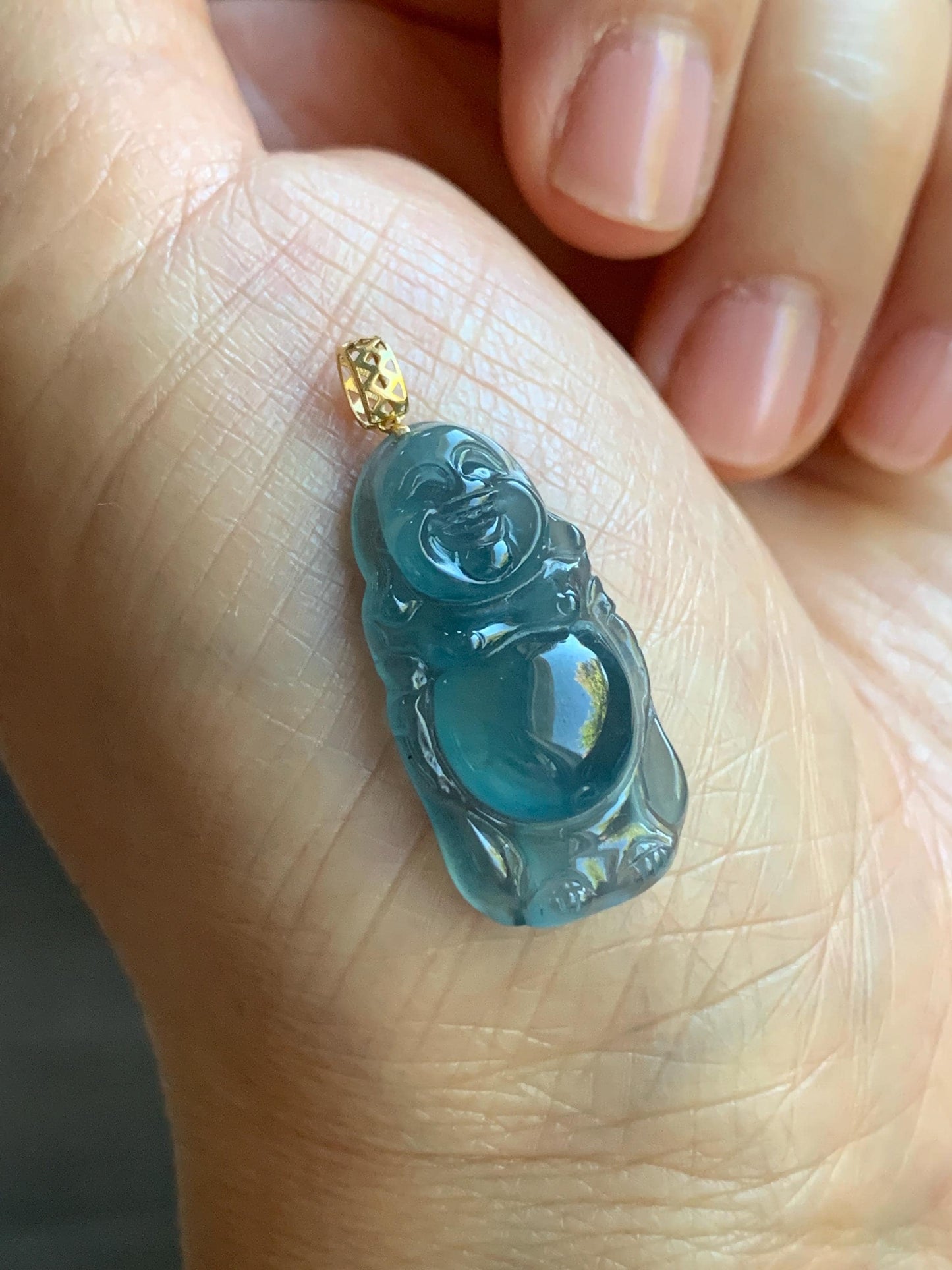 Petite Natural Guatemalan Premium Icy Highly Translucent Indigo Blue Jadeite Standing Buddha Pendant 18K Yellow Gold 天然冰危蓝起光翡翠站佛公镶嵌吊坠 A