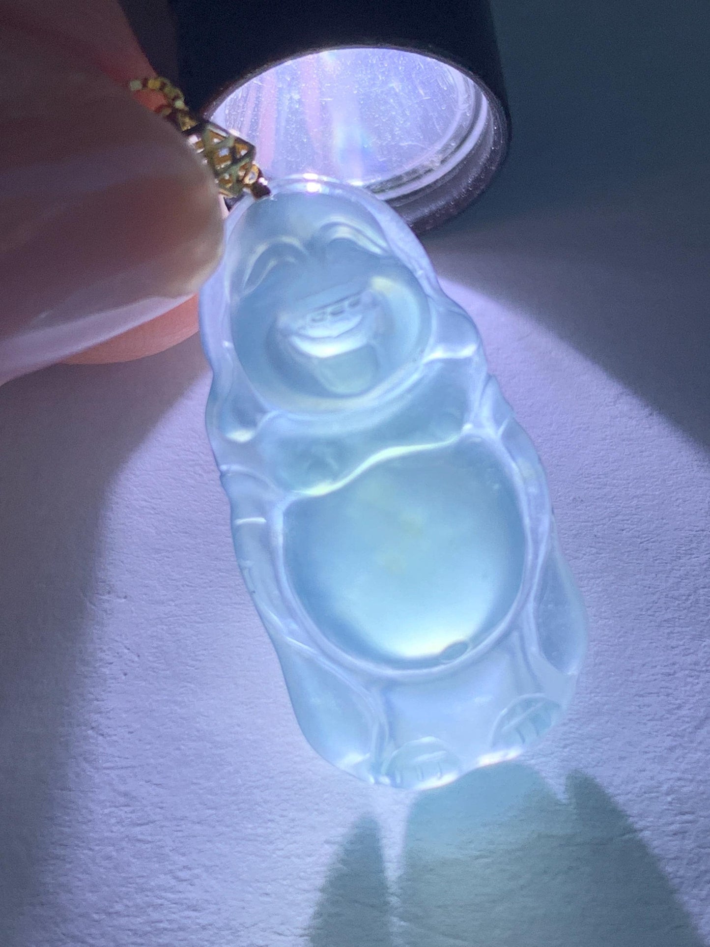 Petite Natural Guatemalan Premium Icy Highly Translucent Indigo Blue Jadeite Standing Buddha Pendant 18K Yellow Gold 天然冰危蓝起光翡翠站佛公镶嵌吊坠 A