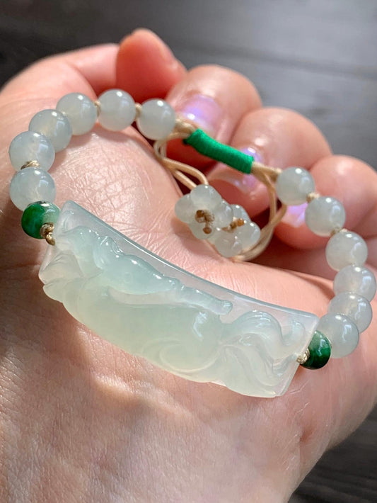 Stunning Natural Burmese Icy Translucent Gelatinous Light Green Jadeite Carved 9-Tailed Fox Beaded Bracelet 天然缅甸冰胶晴底翡翠九尾狐手牌手串