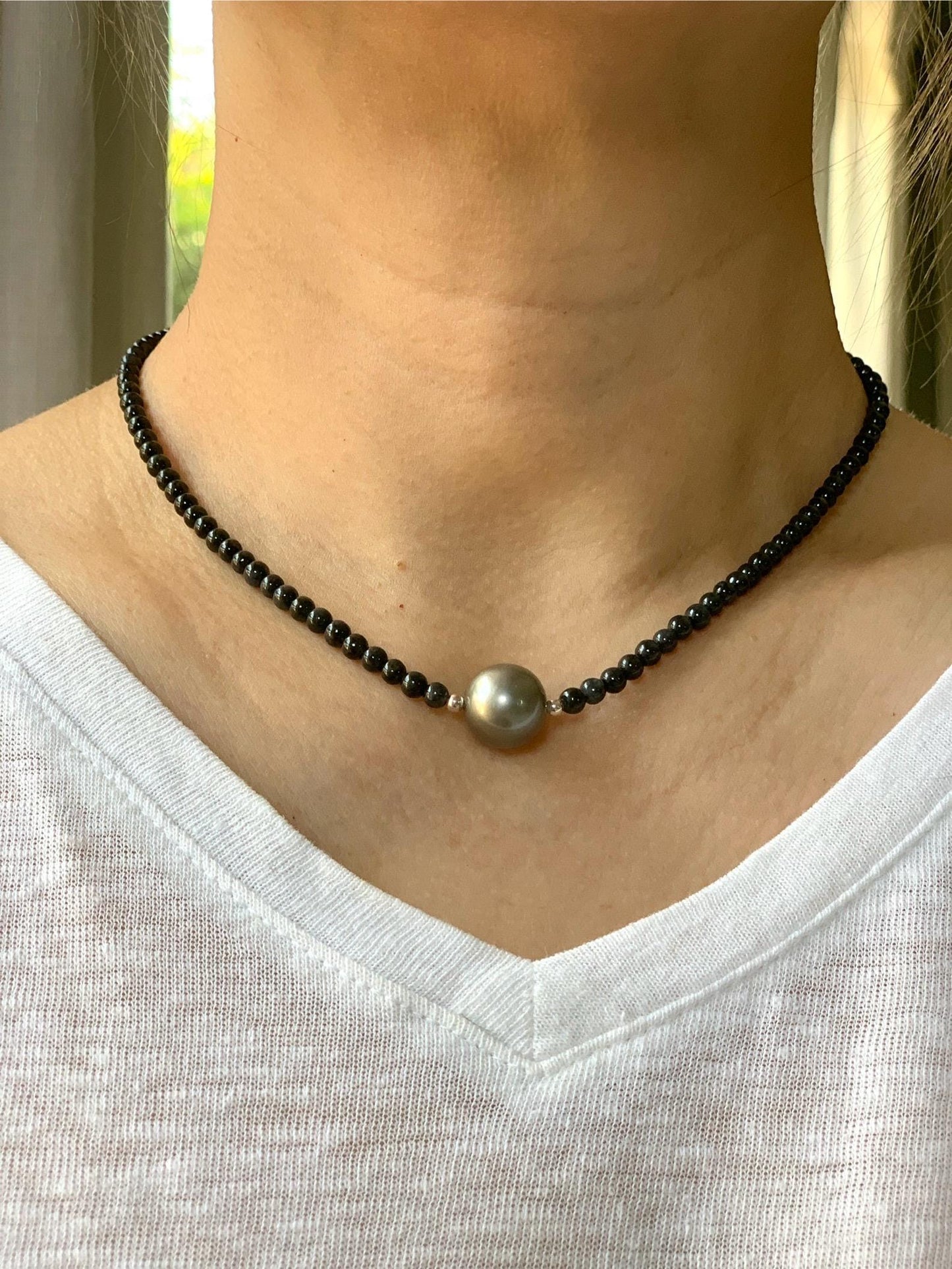 Natural Burmese Icy Translucent Wuji Jadeite Genuine Silver Tahitian Pearl Sterling Silver Beaded Necklace 17”-18.25” 14g 天然缅甸冰胶乌鸡翡翠珠大溪地珍珠项链