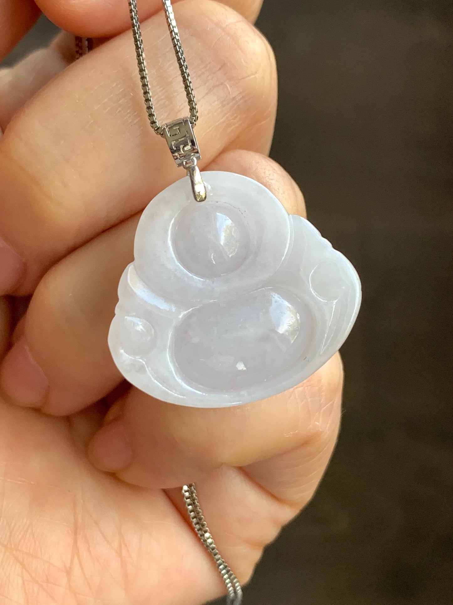 Natural Burmese Icy Translucent White Jadeite Carved Buddha Pendant 18K White Gold Bail 7g 天然缅甸细糯白冰紫底翡翠佛公镶嵌吊坠 A