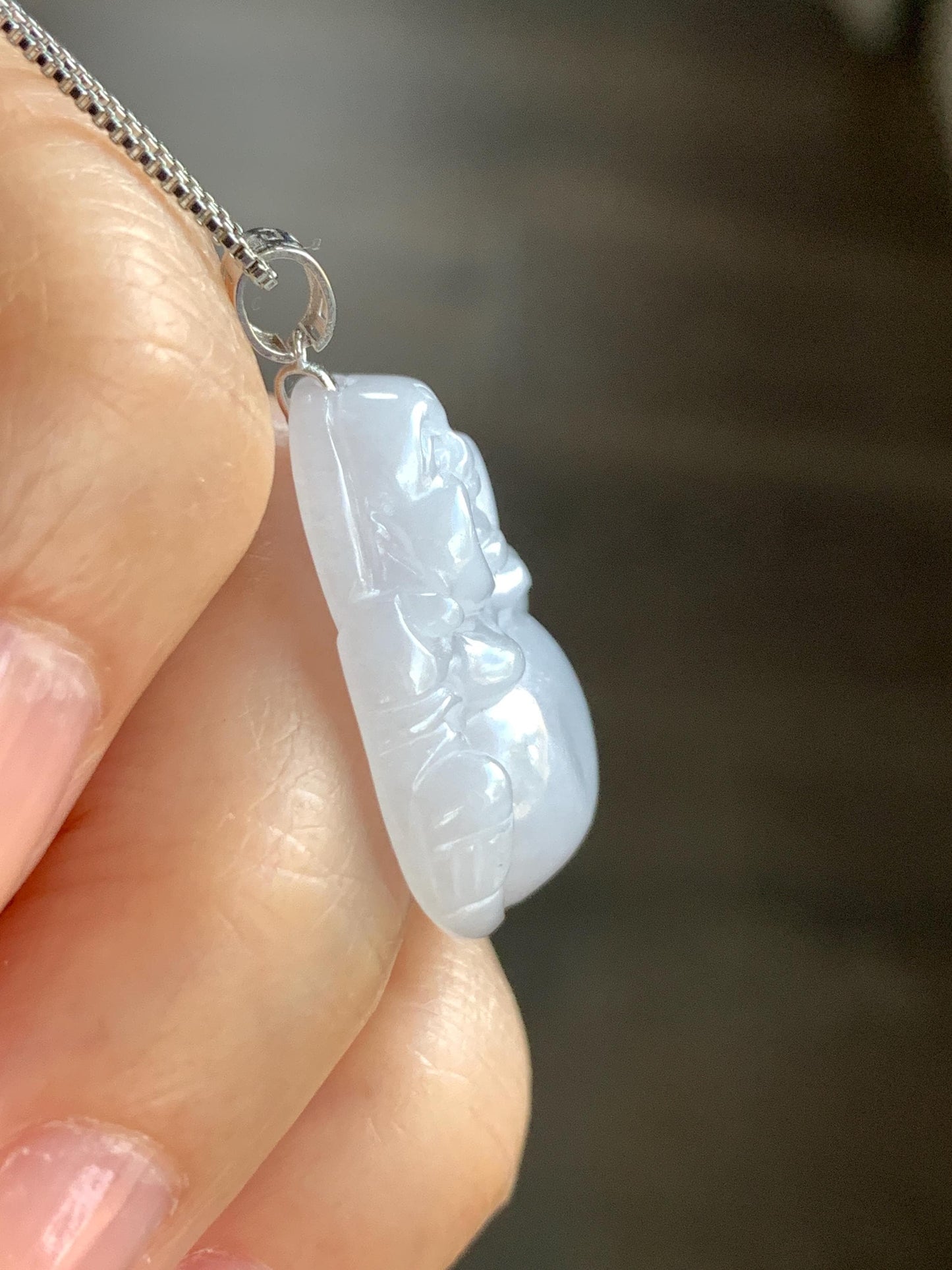 Natural Burmese Icy Translucent White Jadeite Carved Buddha Pendant 18K White Gold Bail 7g 天然缅甸细糯白冰紫底翡翠佛公镶嵌吊坠 A