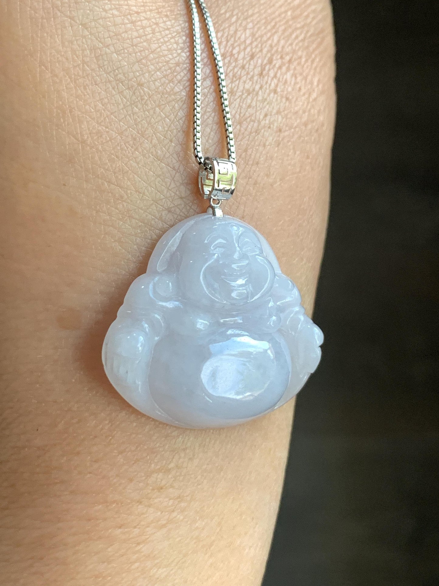 Natural Burmese Icy Translucent White Jadeite Carved Buddha Pendant 18K White Gold Bail 7g 天然缅甸细糯白冰紫底翡翠佛公镶嵌吊坠 A