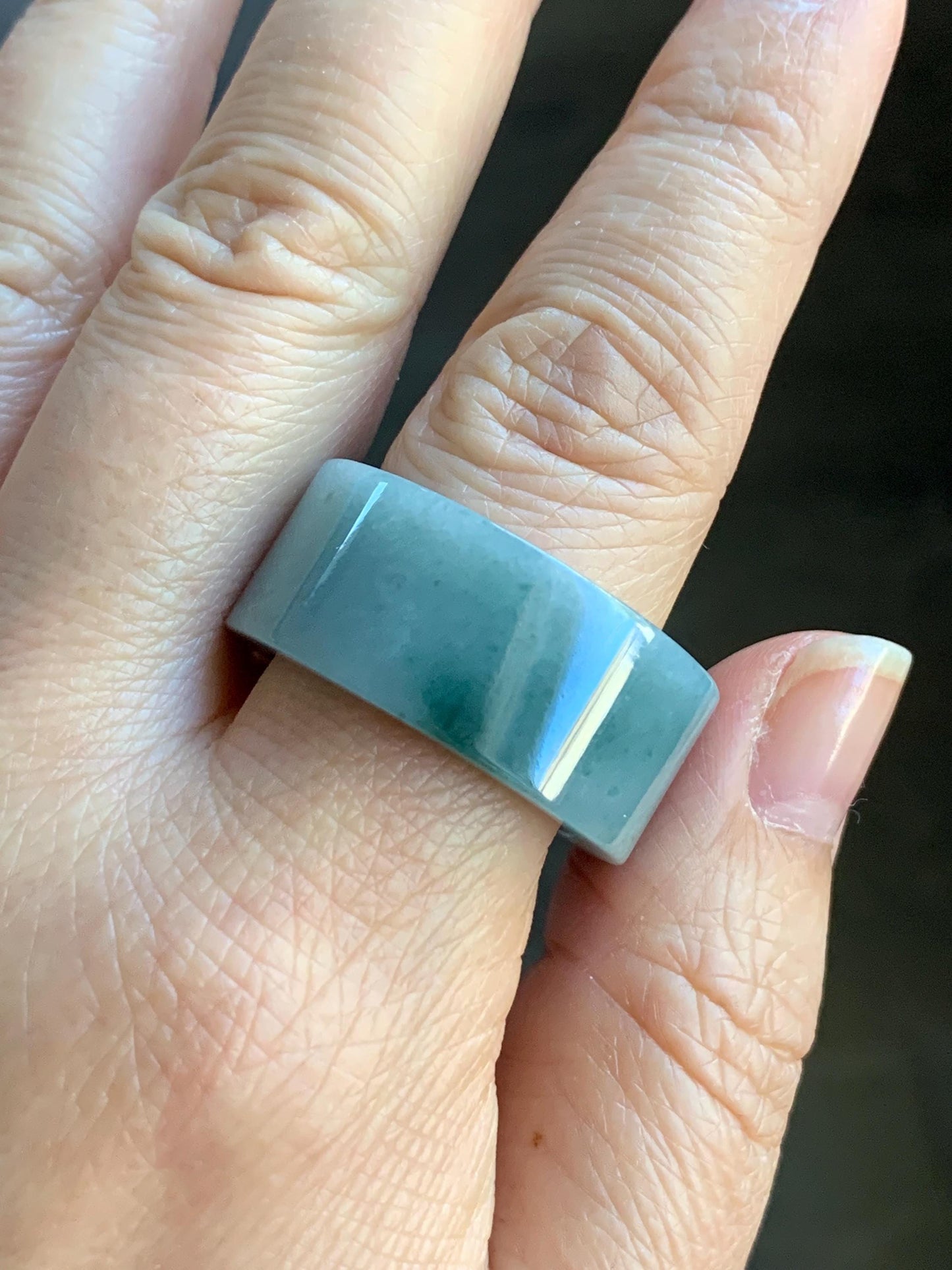 Natural Guatemalan Icy Translucent Light Dusty Blue Dark Green Marbled Jadeite Wide Banzhi Band Ring Size 12.5 12g 天然危淡蓝飘花翡翠扳指戒圈