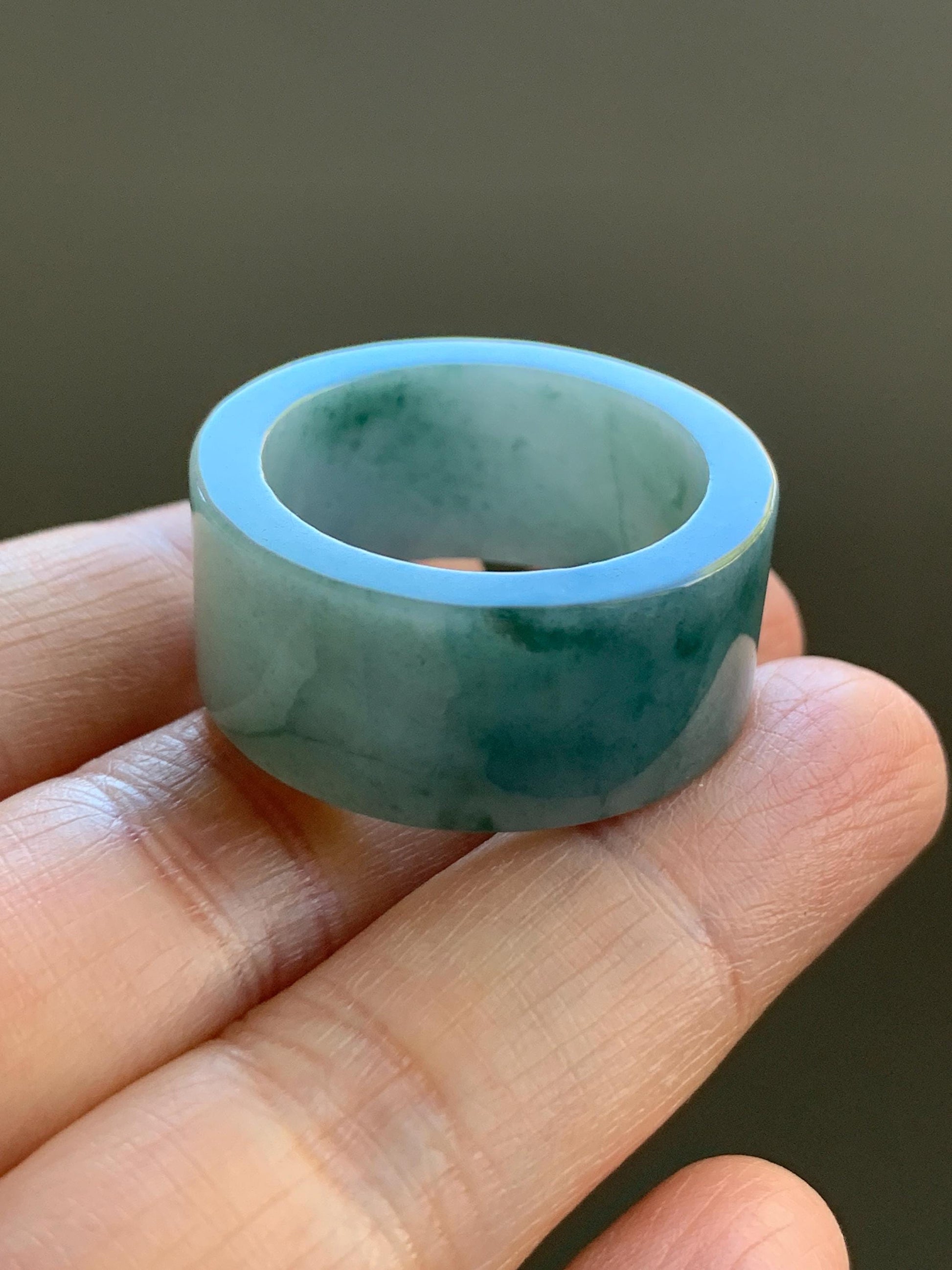 Natural Guatemalan Icy Translucent Light Dusty Blue Dark Green Marbled Jadeite Wide Banzhi Band Ring Size 12.5 12g 天然危淡蓝飘花翡翠扳指戒圈