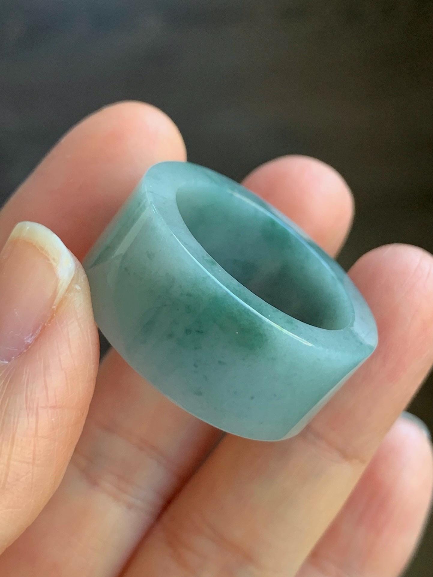 Natural Guatemalan Icy Translucent Light Dusty Blue Dark Green Marbled Jadeite Wide Banzhi Band Ring Size 12.5 12g 天然危淡蓝飘花翡翠扳指戒圈